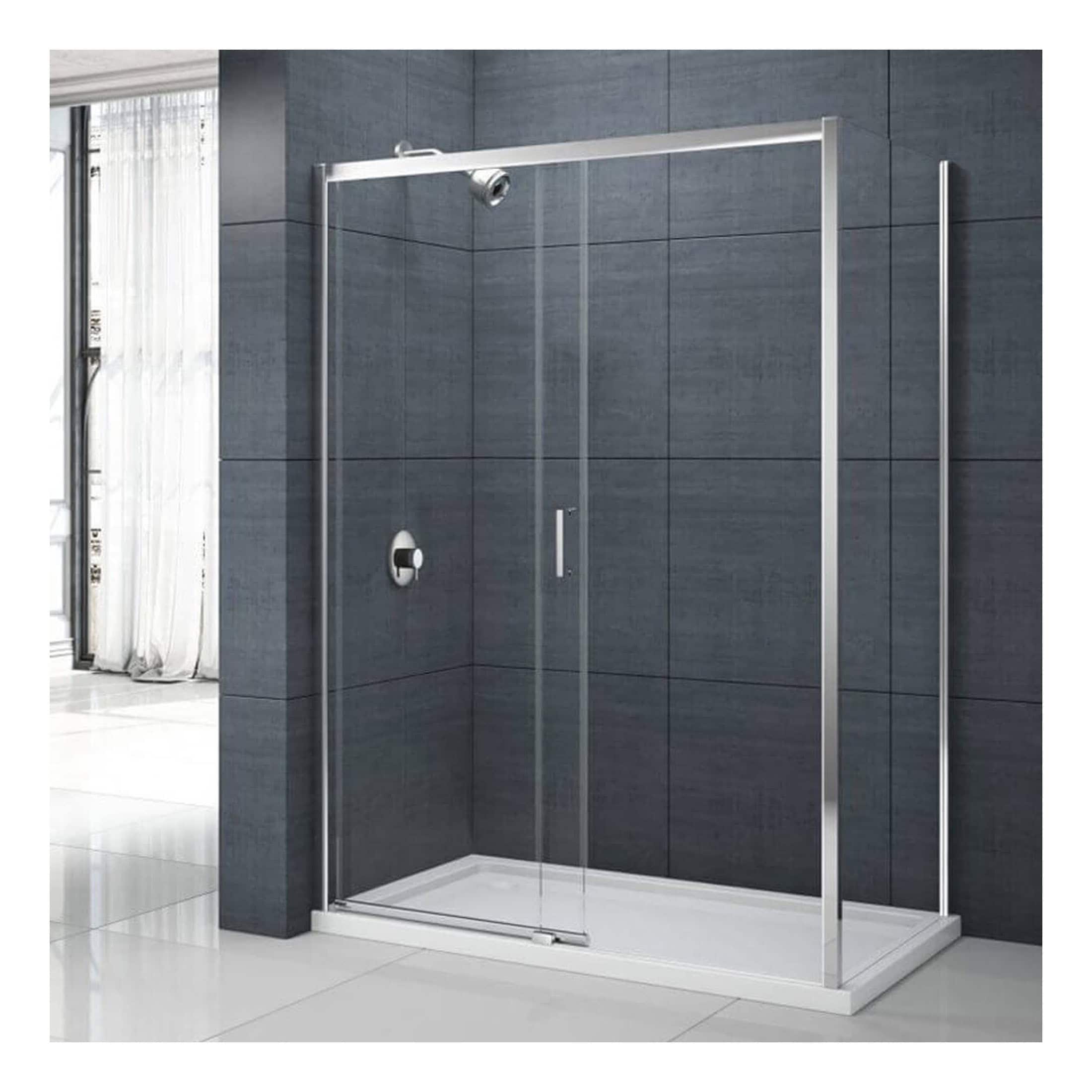 Sleek glass shower enclosure with chrome framing, modern minimalist design, suitable for contemporary bathrooms, easy to clean, durable, and waterproof. Perfect for enhancing bathroom aesthetics and functionality.