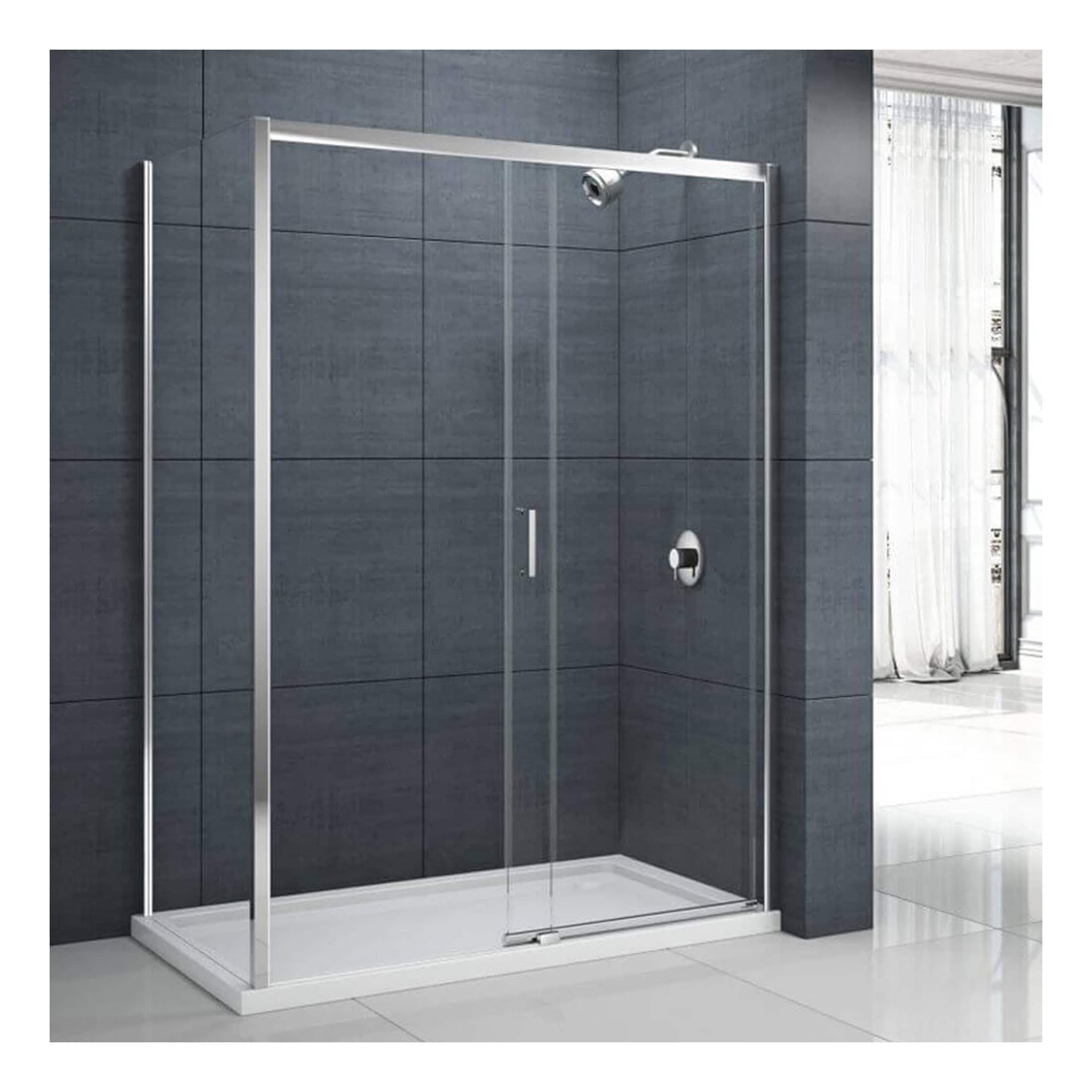 Sleek modern shower enclosure with clear glass panels and aluminium frame in a contemporary bathroom setting. Perfect for stylish bathroom upgrades and functional shower solutions.