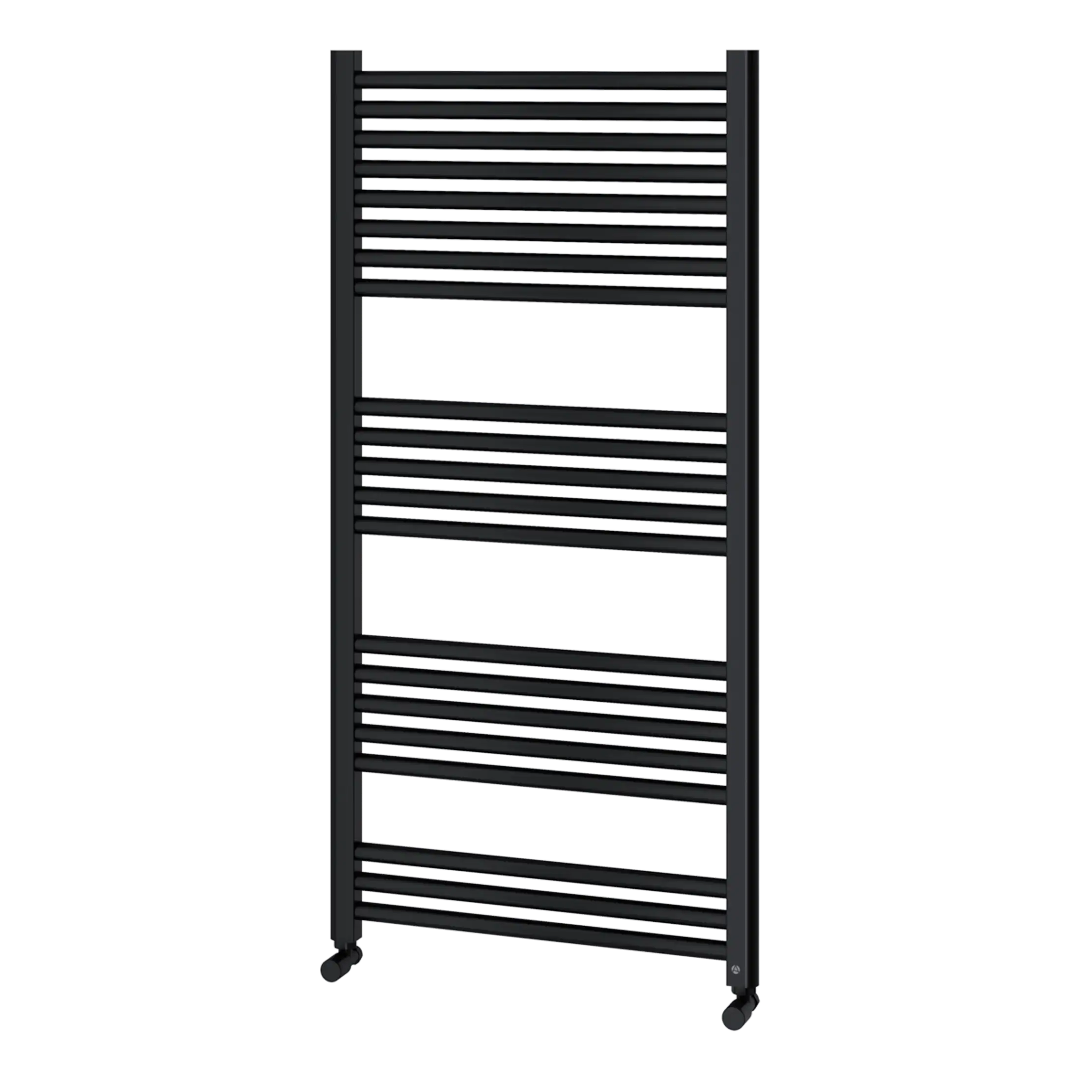 Extended black towel radiator for bathrooms, featuring multiple bars for towel warmers and a sleek modern design. Ideal for contemporary bathroom heating solutions and towel drying needs.