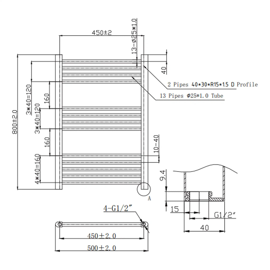 High-quality radiator technical drawing with detailed measurements for bathroom heating solutions. Features multiple pipes and precise dimensions for optimal bathroom installation.
