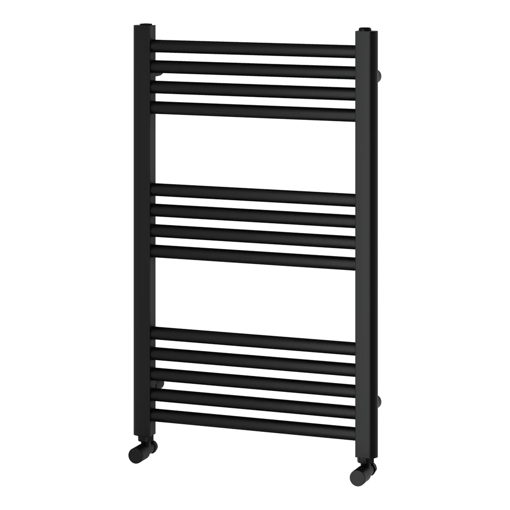 Contemporary black heated towel rail with multiple horizontal bars, ideal for modern bathrooms, bathroom accessories, and towel drying solutions.