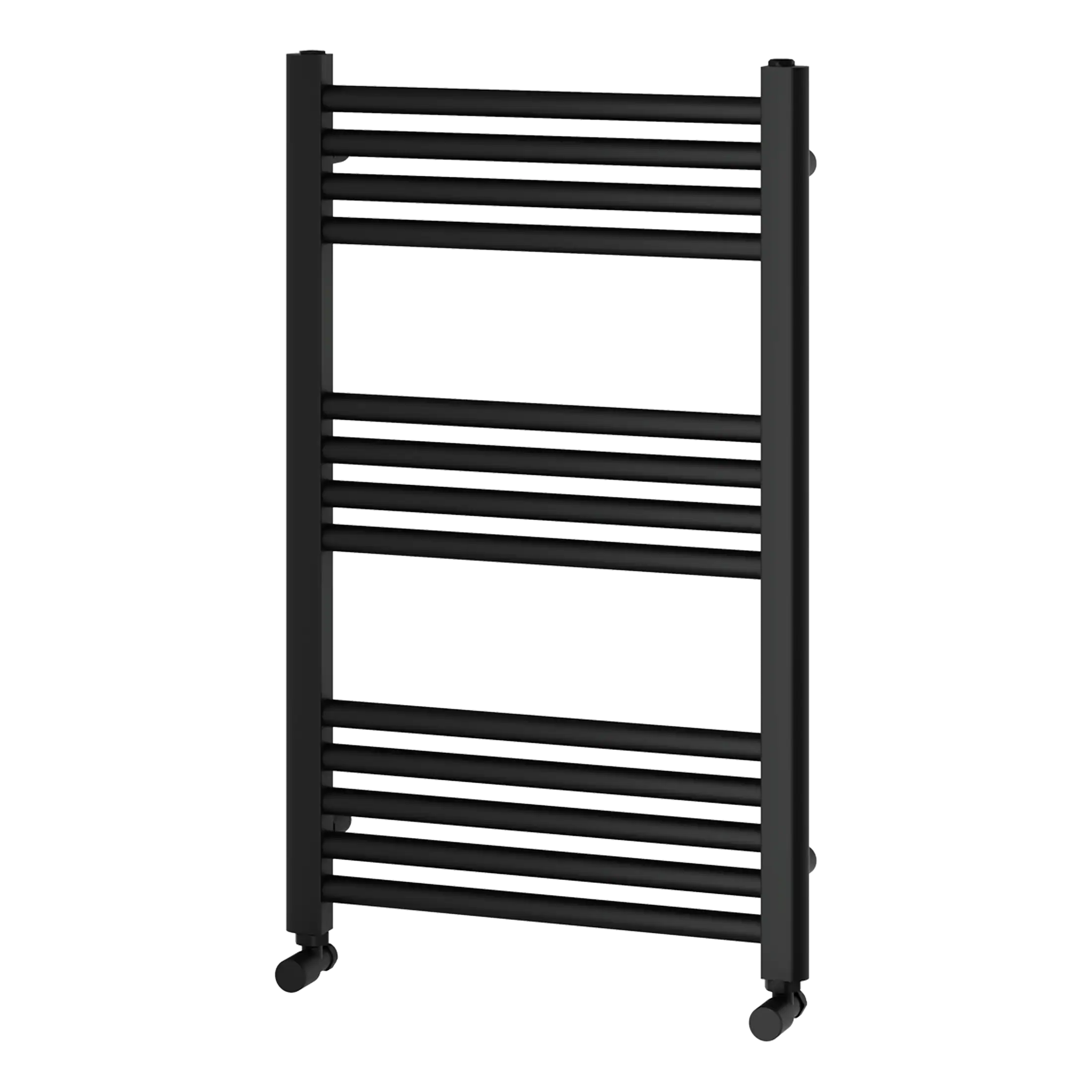Contemporary black heated towel rail with multiple horizontal bars, ideal for modern bathrooms, bathroom accessories, and towel drying solutions.