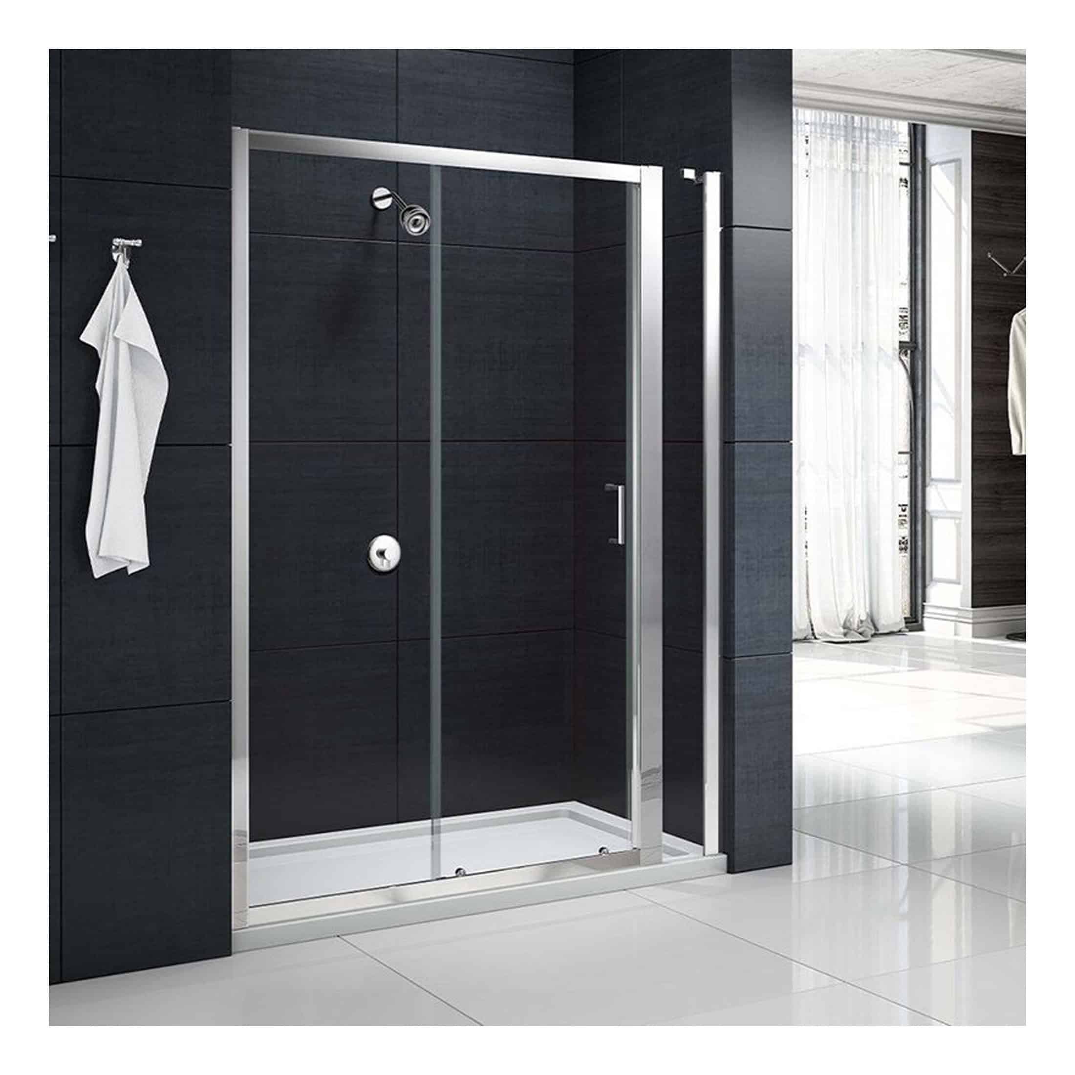 Sleek modern walk-in shower enclosure with glass doors in a contemporary bathroom setting, featuring dark wall tiles and minimalist design.
