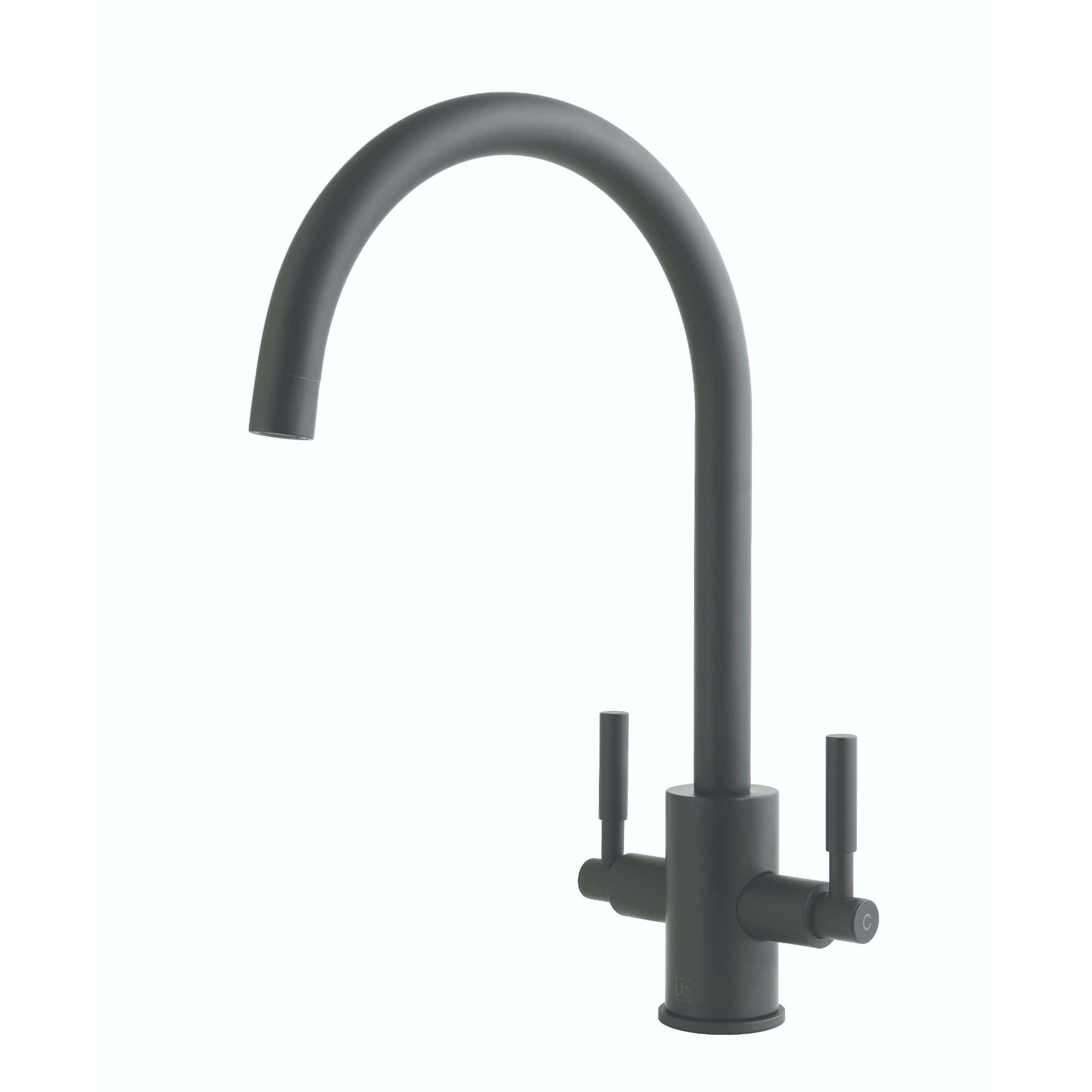 Modern matte black kitchen tap with high arc spout and dual lever handles, perfect for stylish and functional kitchen or bathroom sink upgrades.