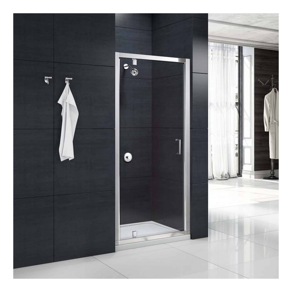 Sleek modern walk-in shower enclosure with clear glass door and minimalist design, ideal for contemporary bathrooms. Features stainless steel frame and easy-access handle, complementing black tiled walls.