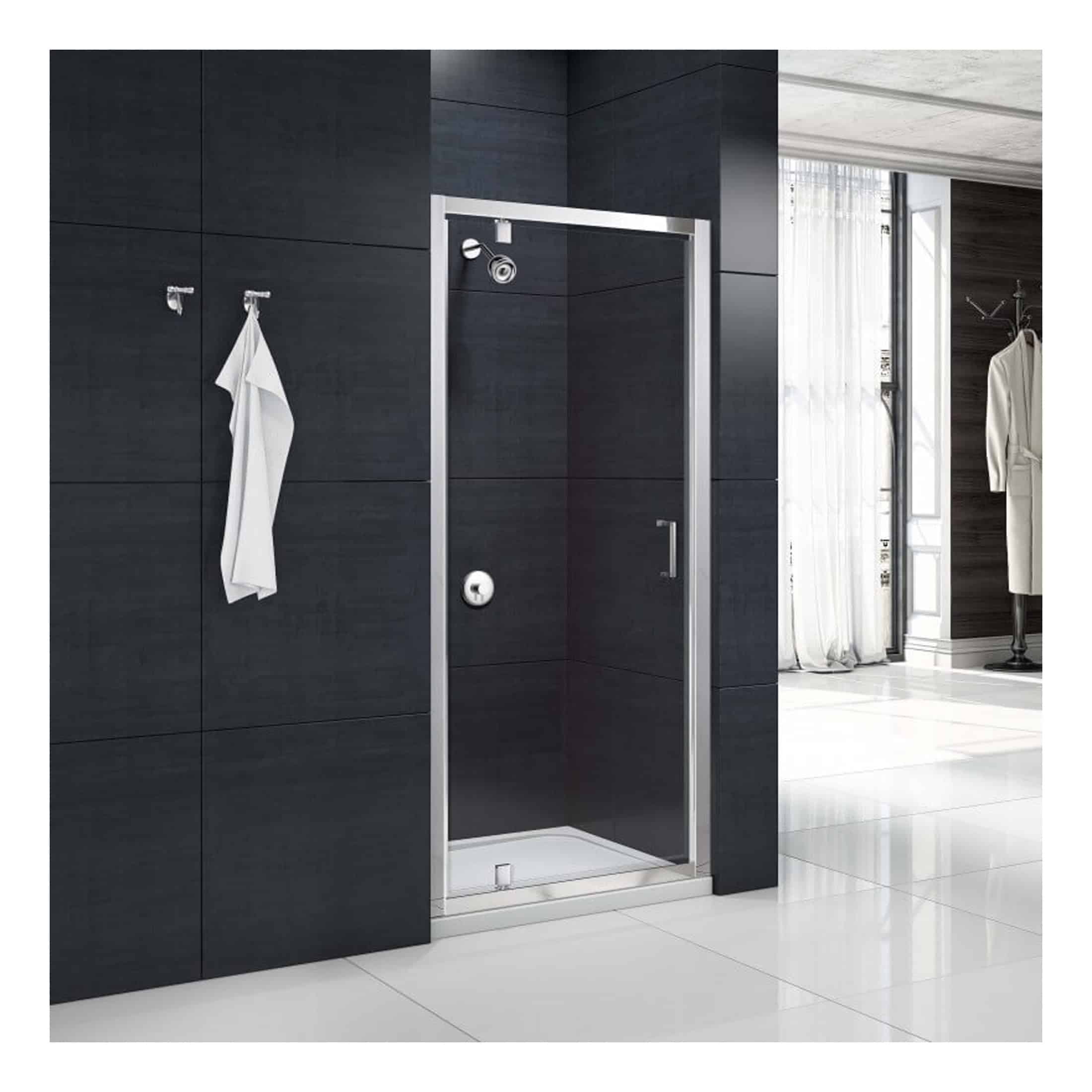 Sleek modern walk-in shower enclosure with clear glass door and minimalist design, ideal for contemporary bathrooms. Features stainless steel frame and easy-access handle, complementing black tiled walls.