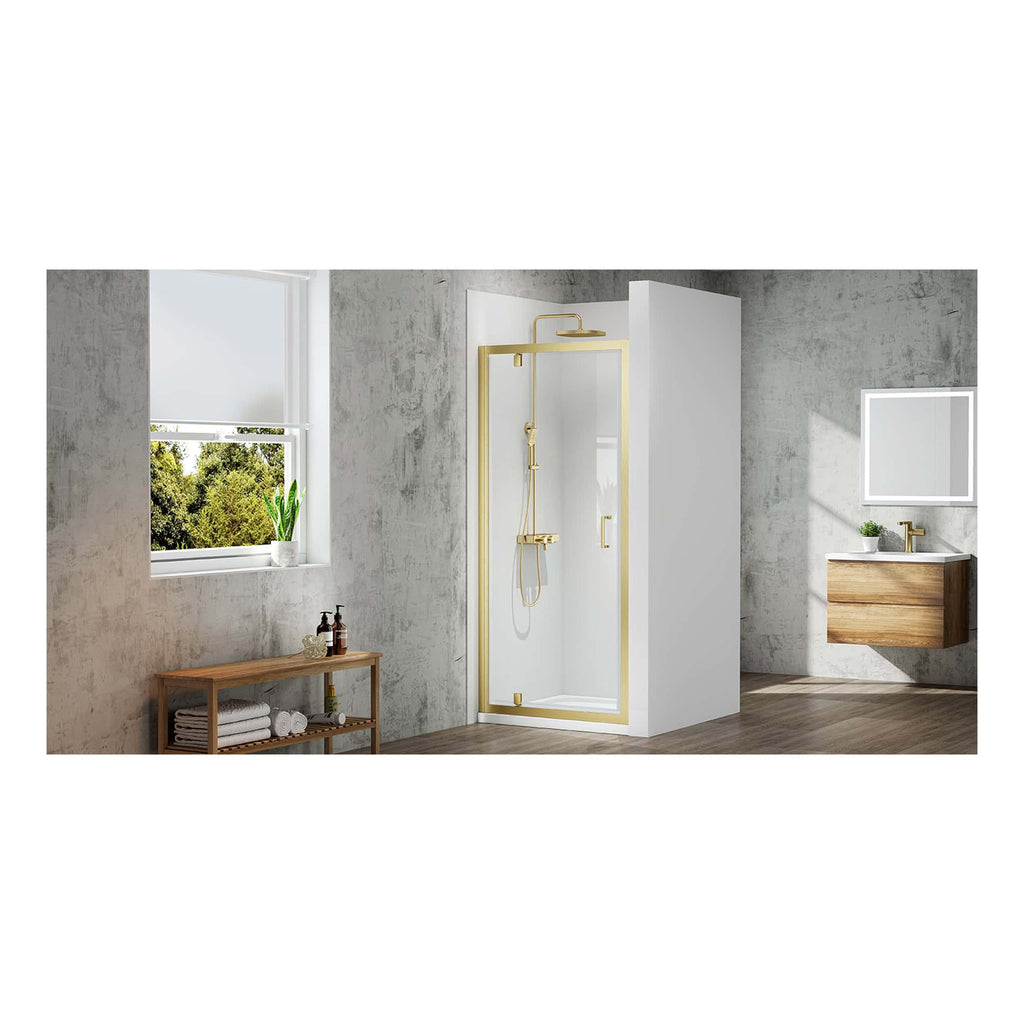 Bright modern bathroom featuring a sleek white shower enclosure with gold trims, a contemporary wall-mounted wooden vanity with a mirror, and a large window with a scenic outdoor view, creating a stylish and functional space.