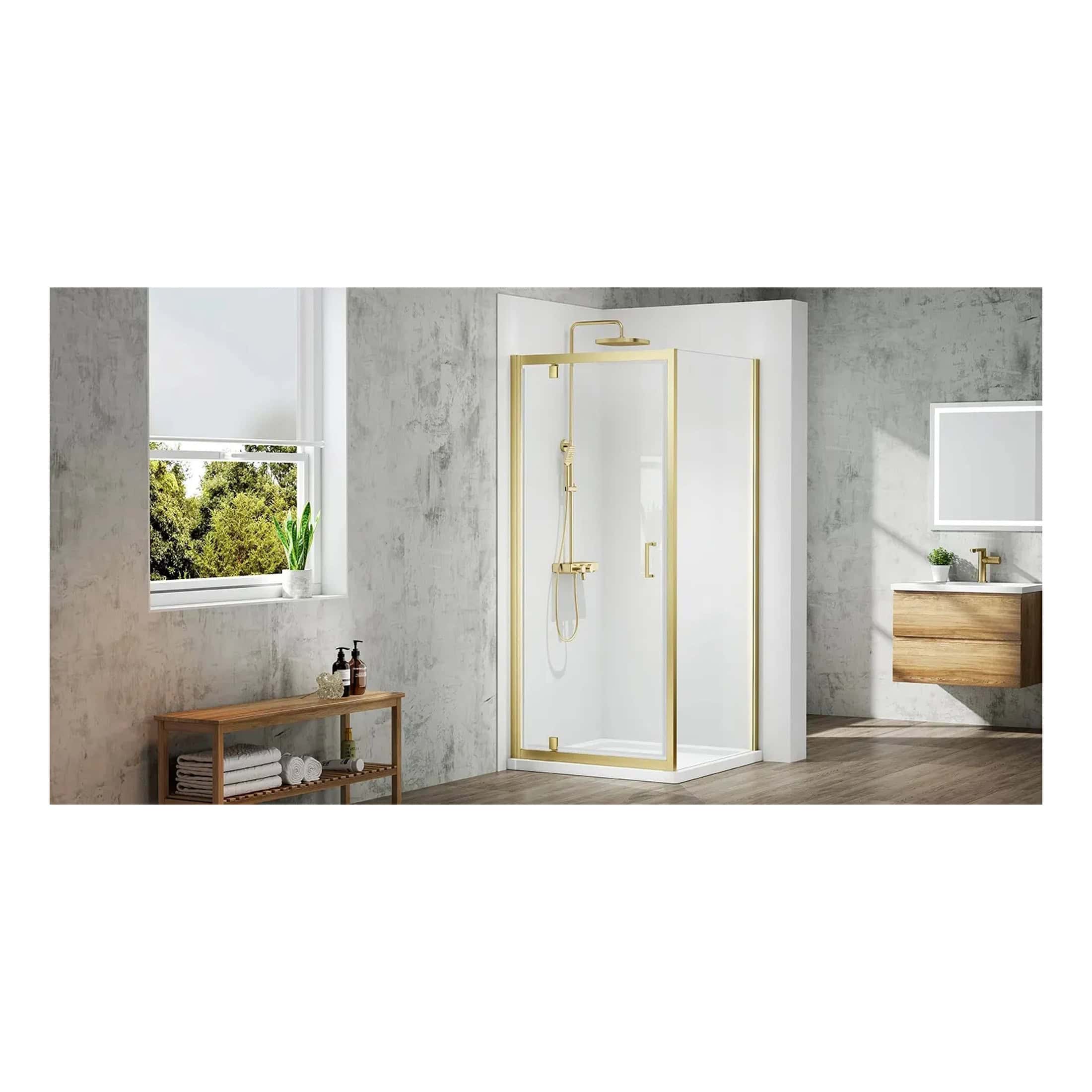 Sleek modern shower enclosure with gold accents in contemporary bathroom design. Features glass panels, brass fixtures, and spacious walk-in style with minimalist aesthetic for a stylish bathing experience.