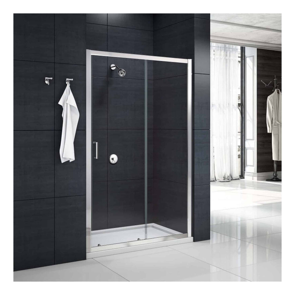 Modern glass shower enclosure with dark tiled walls in a contemporary bathroom setting.