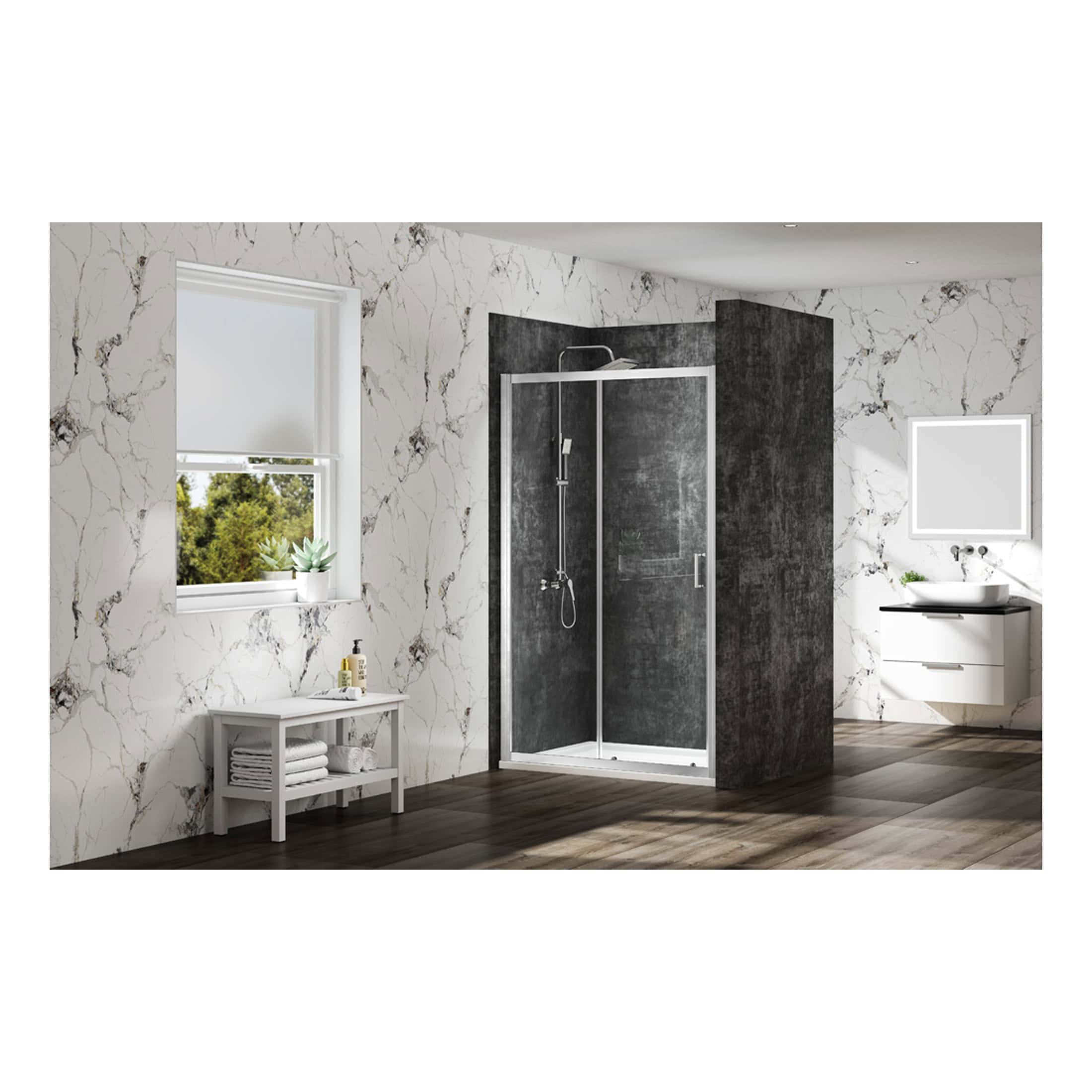 Bright modern bathroom with a stylish walk-in shower featuring black textured panels, white marble walls with gold veining, and contemporary vanity units, creating a sleek and sophisticated space.