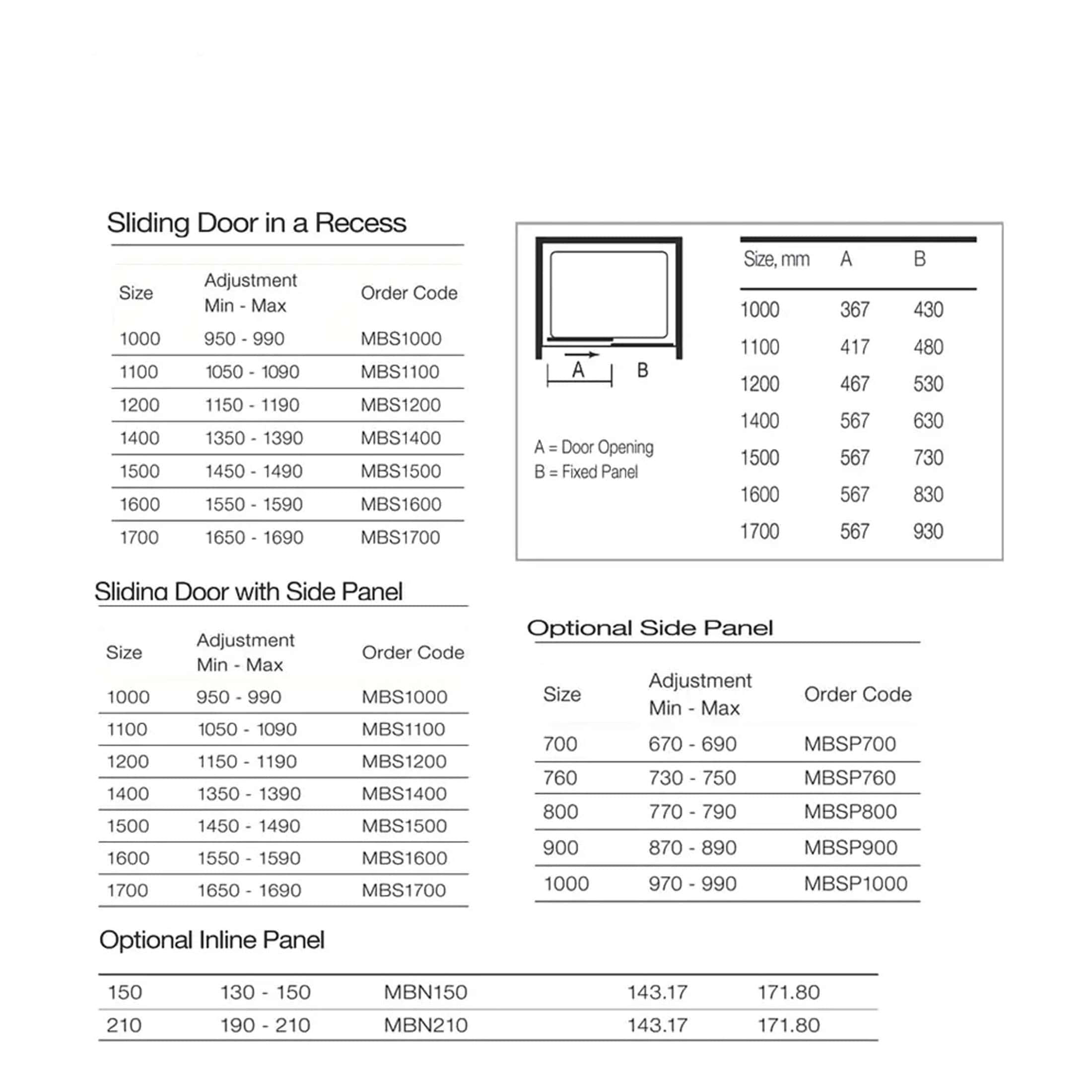 Sliding door installation guide with size specifications for recessed, side panel, and inline panel options, including dimensions, adjustments, and order codes for custom bathroom design.