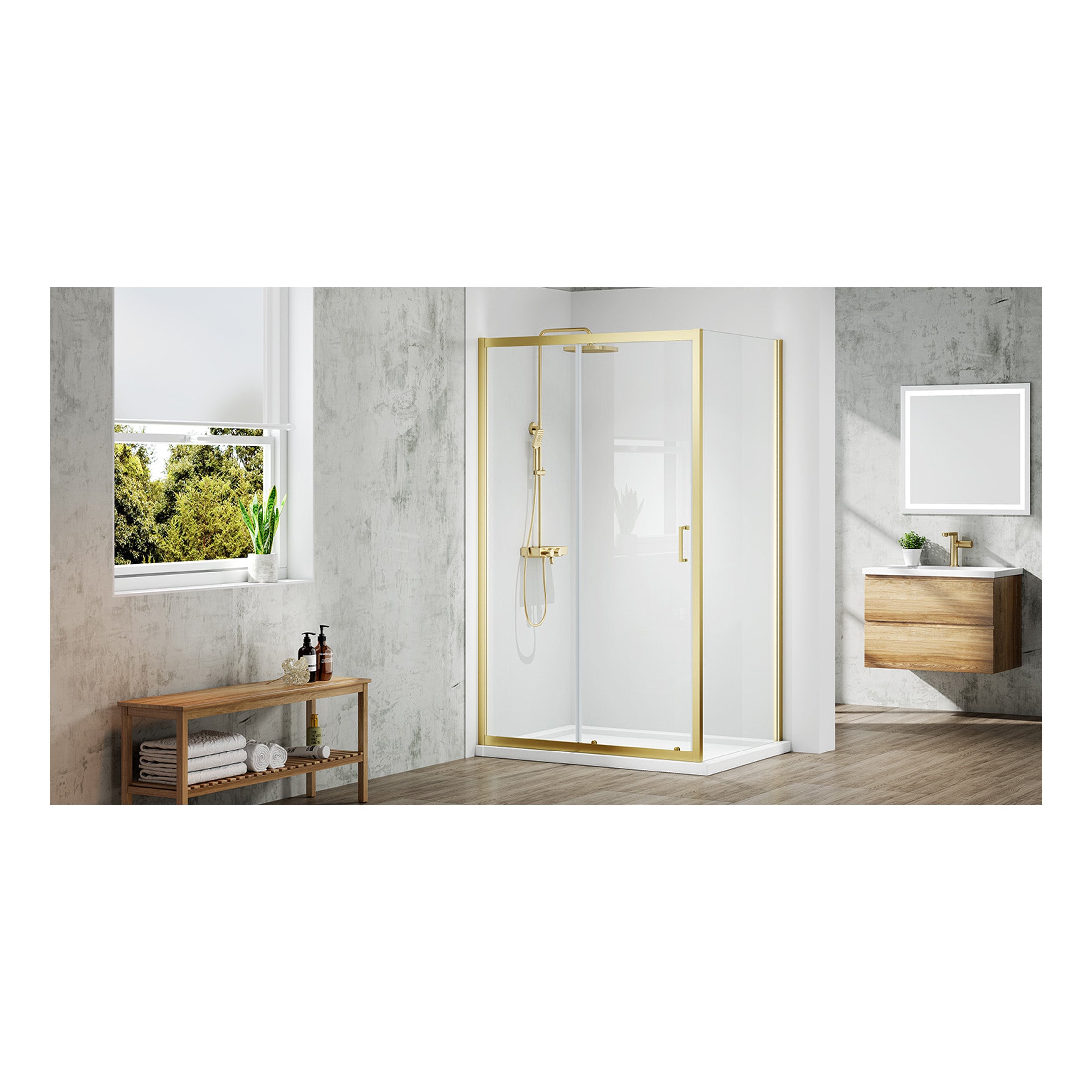 Shower enclosure with gold trim in modern bathroom with concrete walls, wooden vanity, and natural light from window, creating a sleek and stylish bathroom space.