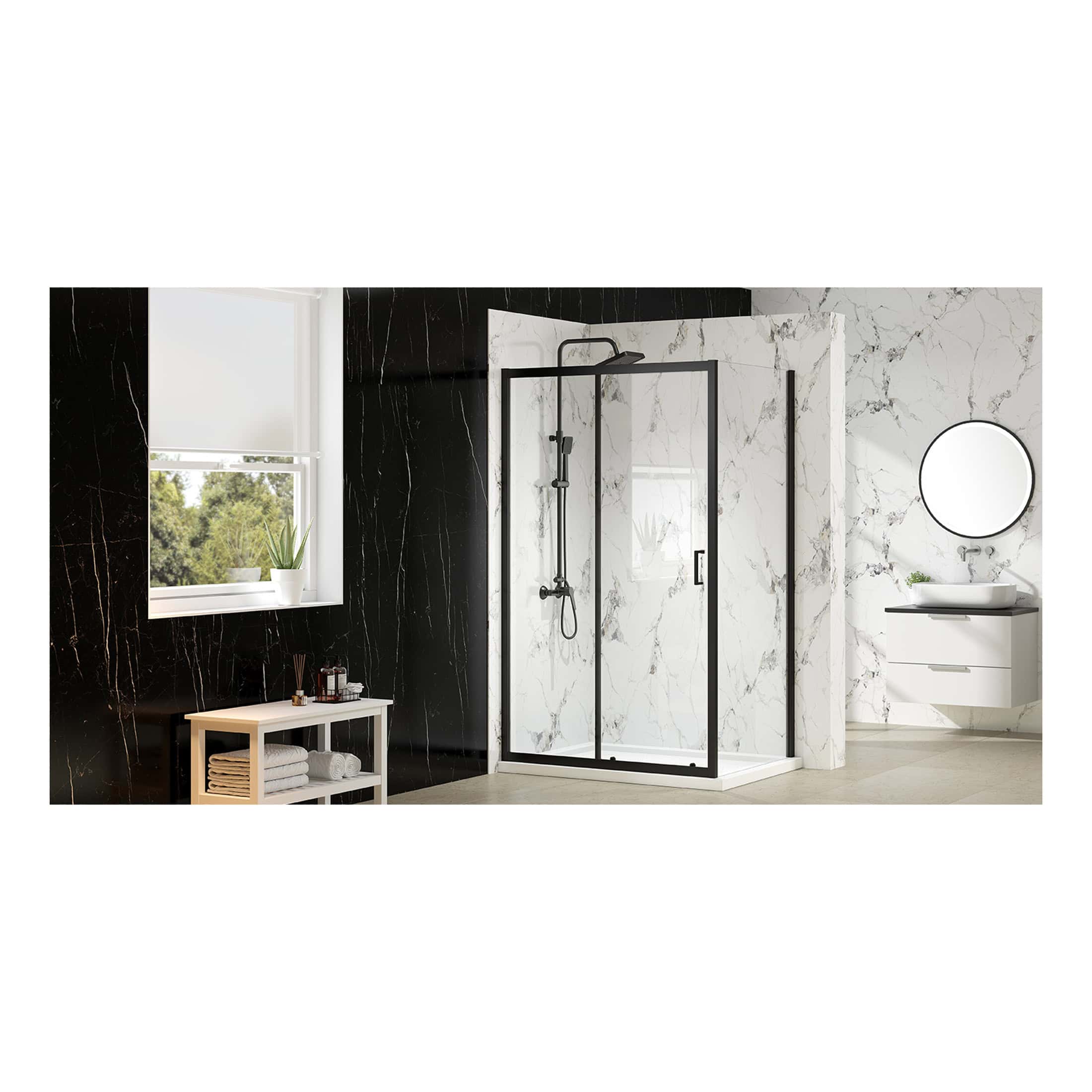 Sleek black and white marble bathroom with modern walk-in shower enclosure, minimalist vanity with round mirror, and natural light from large window, showcasing contemporary bathroom design.