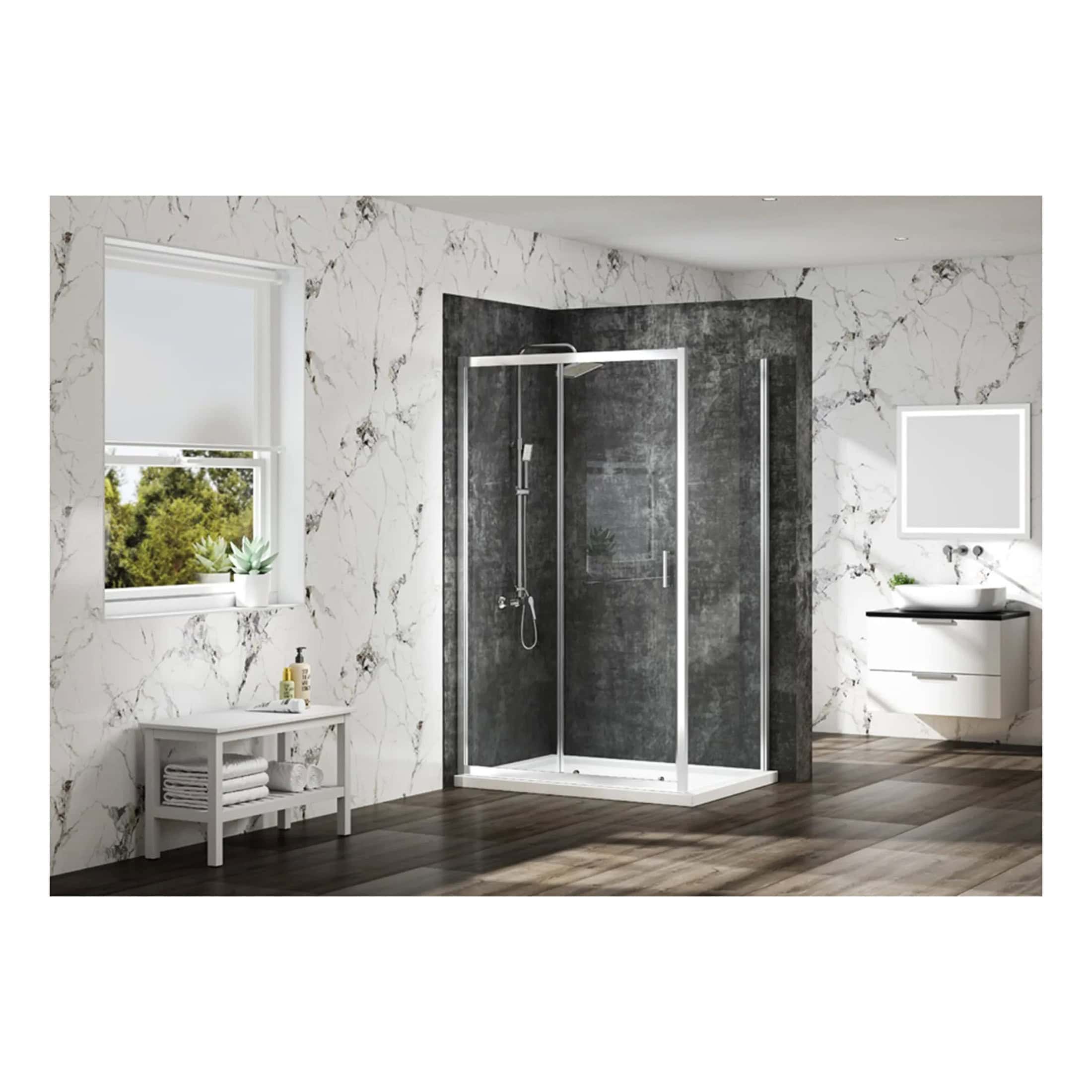 Modern walk-in shower enclosure with dark grey textured tile walls, white frame, and chrome fixtures in a luxurious bathroom setting. Featuring marble walls, a sleek vanity, and natural light from a nearby window.