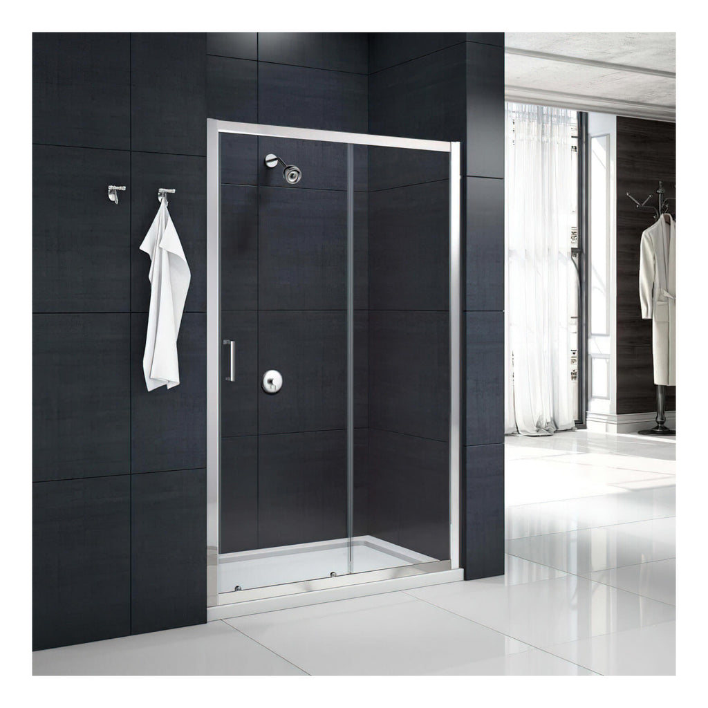 Sleek modern shower enclosure with black tiled walls and glass doors in a contemporary bathroom setting. Perfect for stylish and functional bathroom designs.
