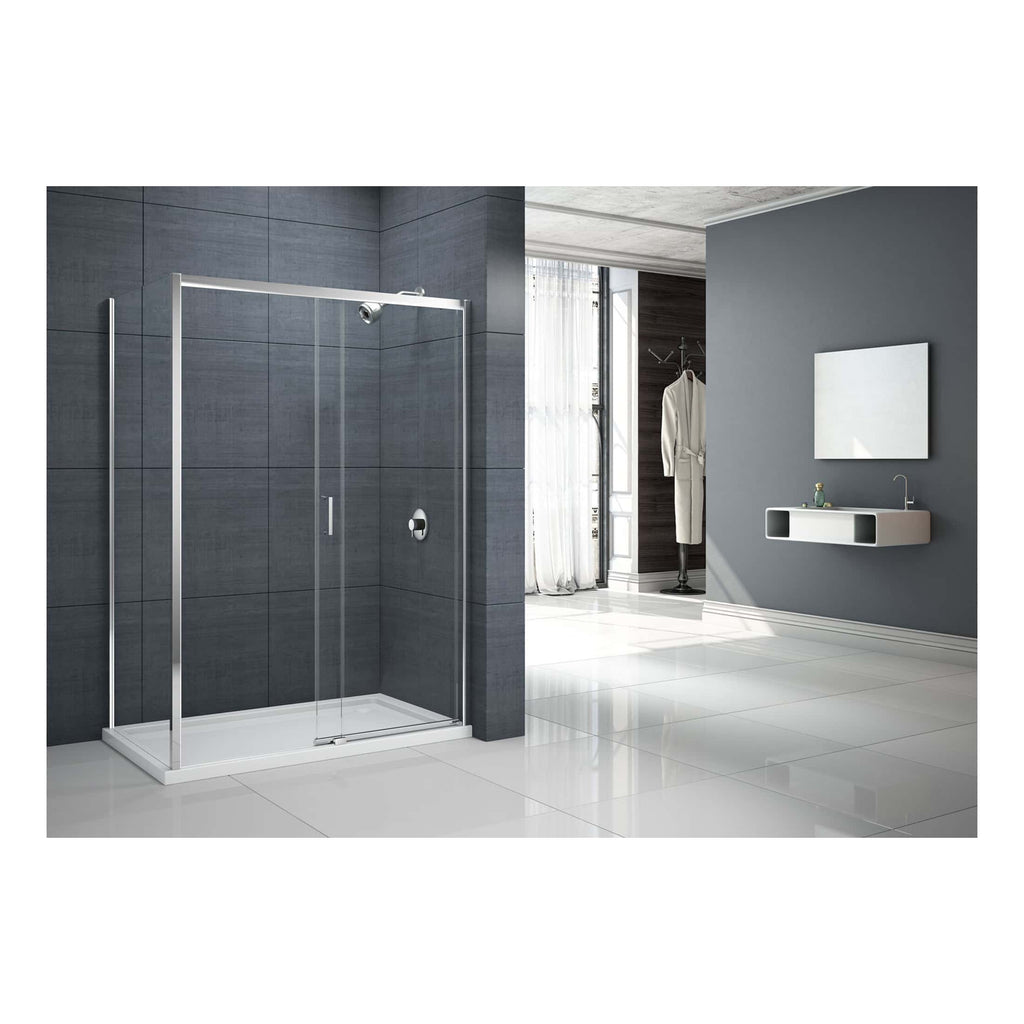 Modern grey tile walk-in shower enclosure with frameless glass doors, sleek bathroom interior with minimalist white vanity and wall mirror, bright airy space.