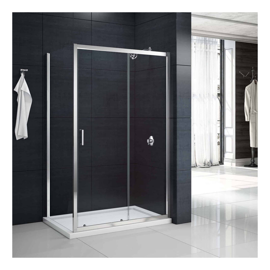 Shower enclosure with glass sliding doors in a modern bathroom setting, featuring sleek chrome hardware and minimalist design for contemporary bathroom interiors.