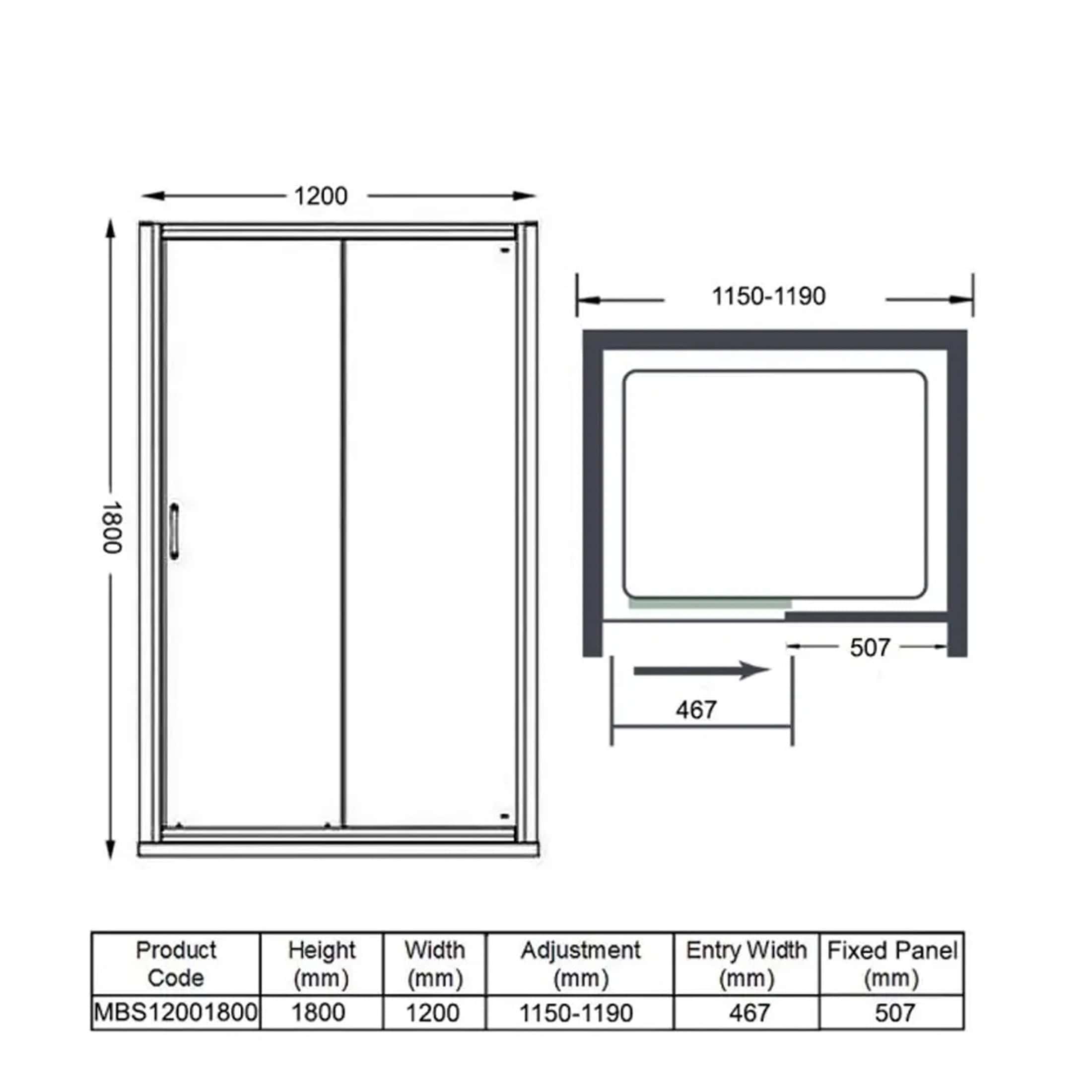 Versatile shower enclosure with sliding doors, dimensions 1200mm width by 1800mm height, featuring adjustable fit (1150-1190mm), ideal for modern bathrooms.