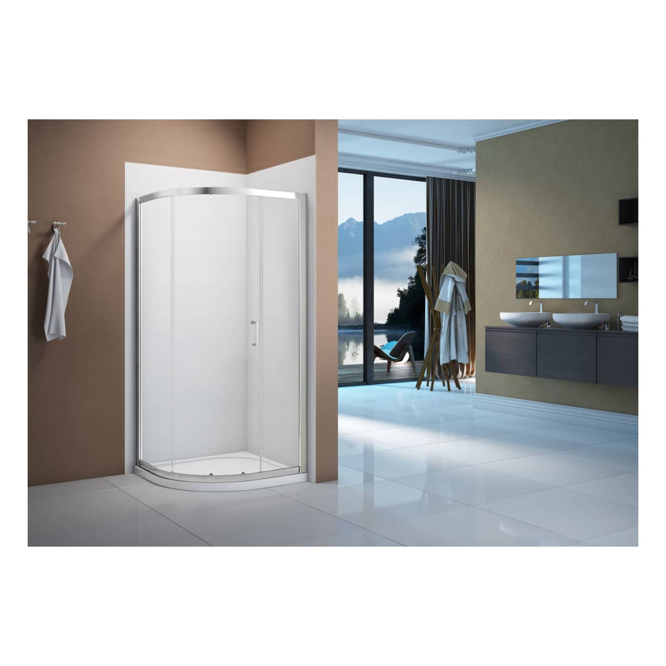 Modern corner shower enclosure with frosted glass panels, sleek metal frame, and spacious design, ideal for contemporary bathrooms. Perfect for enhancing bathroom functionality and aesthetics.