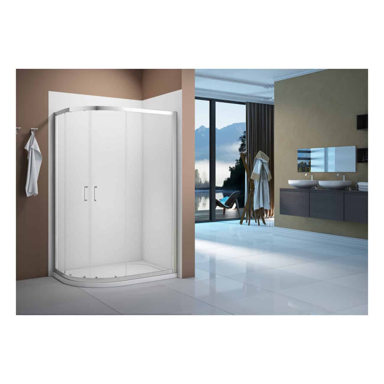 Modern corner shower enclosure with clear glass doors, ideal for luxury bathrooms, featuring sleek silver framing and minimalist design for space-saving shower solutions.