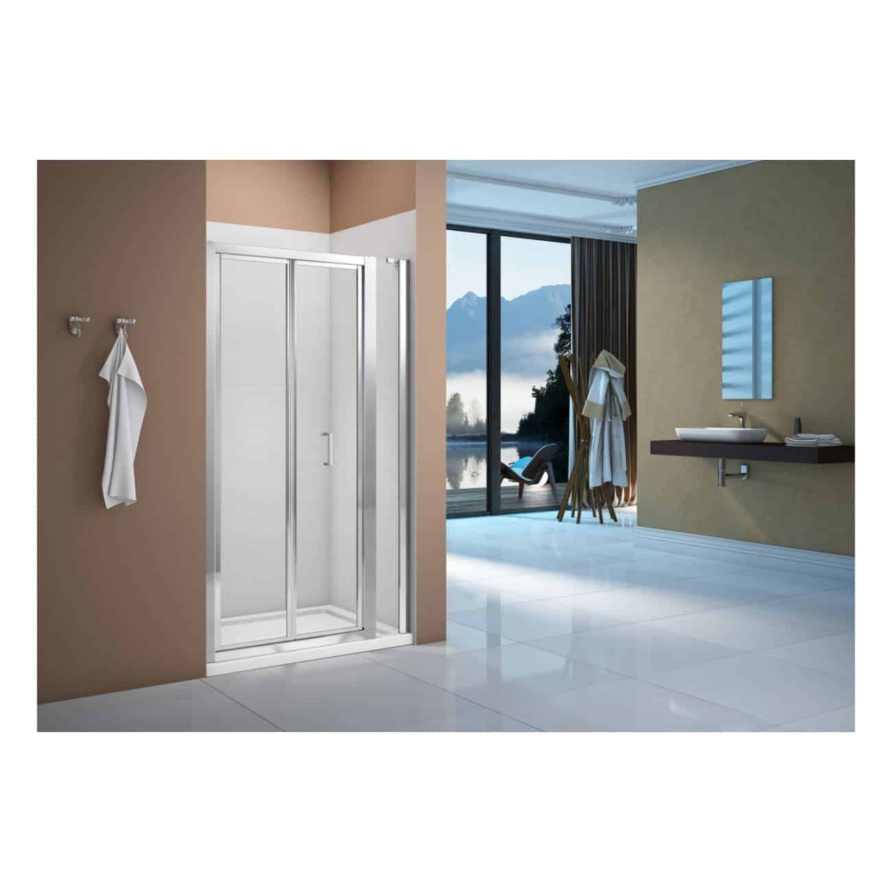 Modern glass shower enclosure in a contemporary bathroom with large window overlooking scenic mountain view, minimalistic sink, and neutral wall colours.