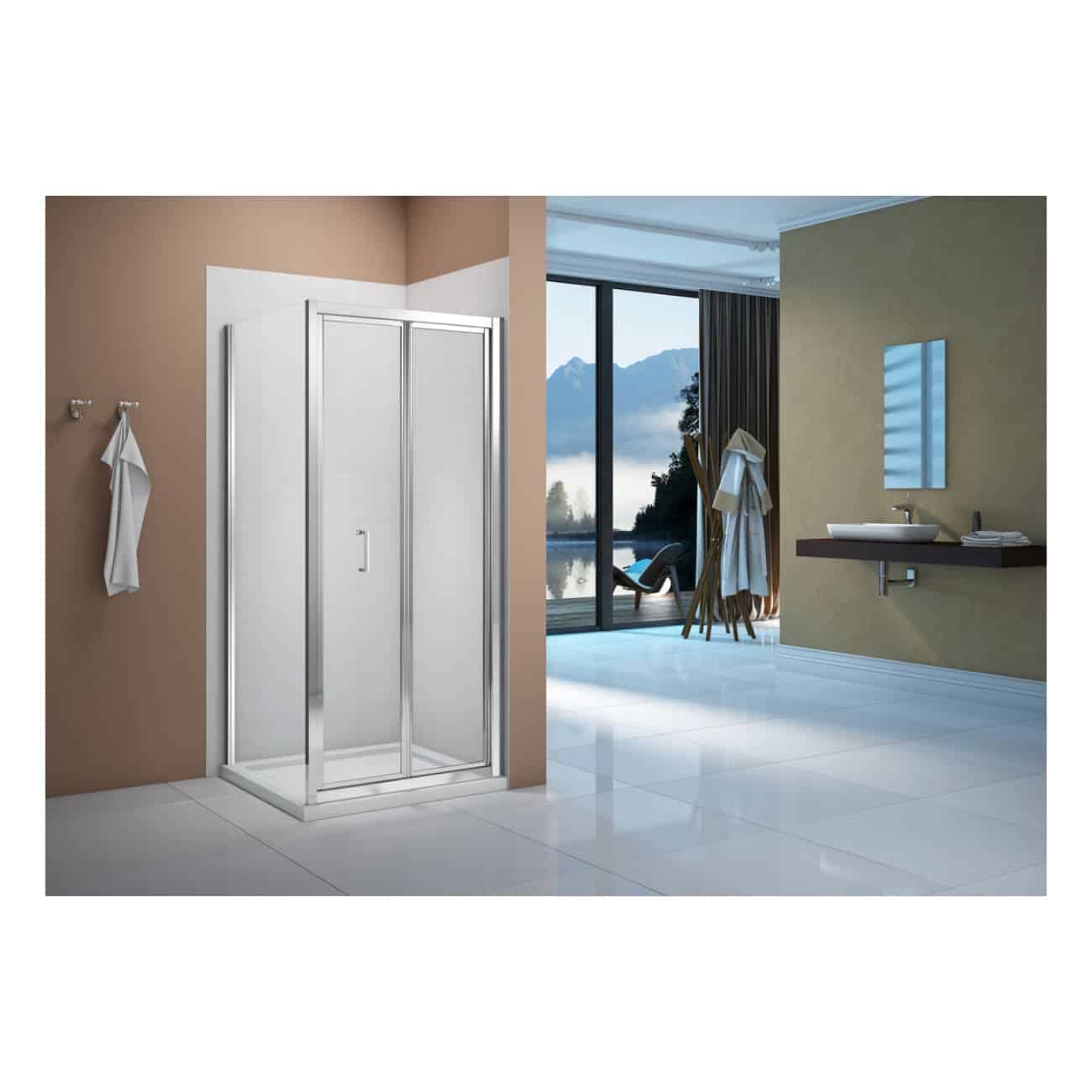 Modern white shower enclosure in a contemporary bathroom setting with large windows overlooking mountains. Perfect for stylish, functional bathroom upgrades.