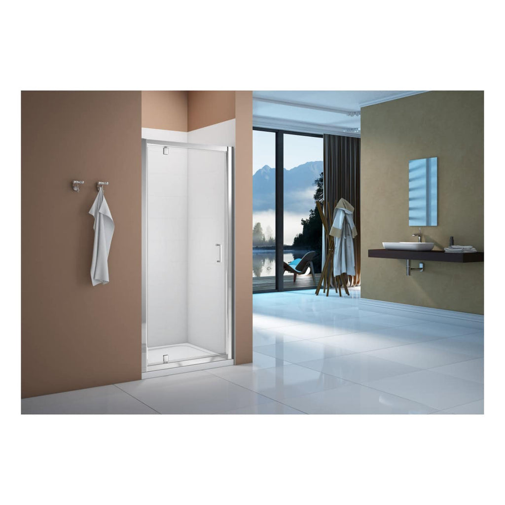 Sleek modern shower enclosure in a contemporary bathroom with mountain views, minimalist design, clean white tiles, beige and green walls, and natural light, perfect for luxury bathroom renovation.