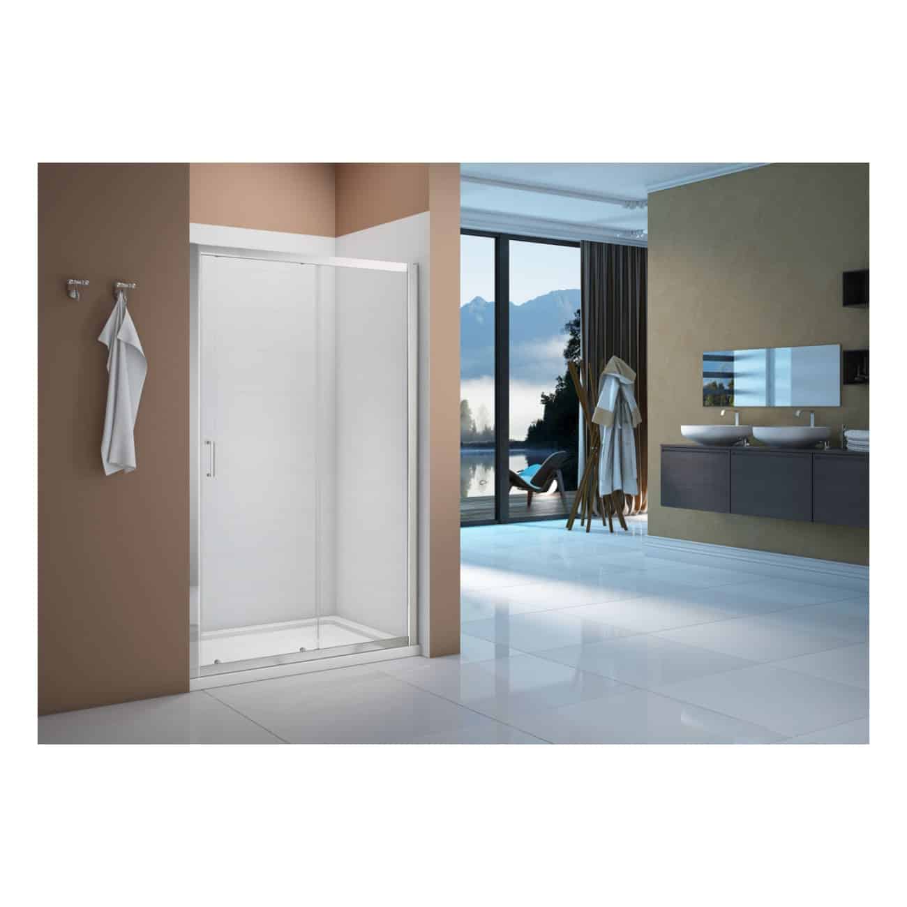 Shower enclosure in a modern bathroom with large window and mountain view, featuring sleek design and minimalist decor, ideal for luxury bathroom renovations.