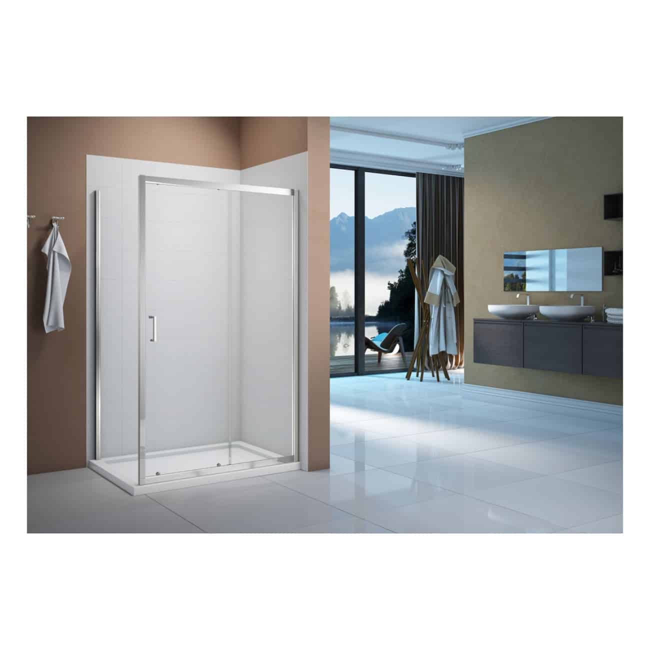 Sleek glass shower enclosure with minimalist design, ideal for modern bathrooms, featuring clear glass and a sliding door for space-saving functionality.