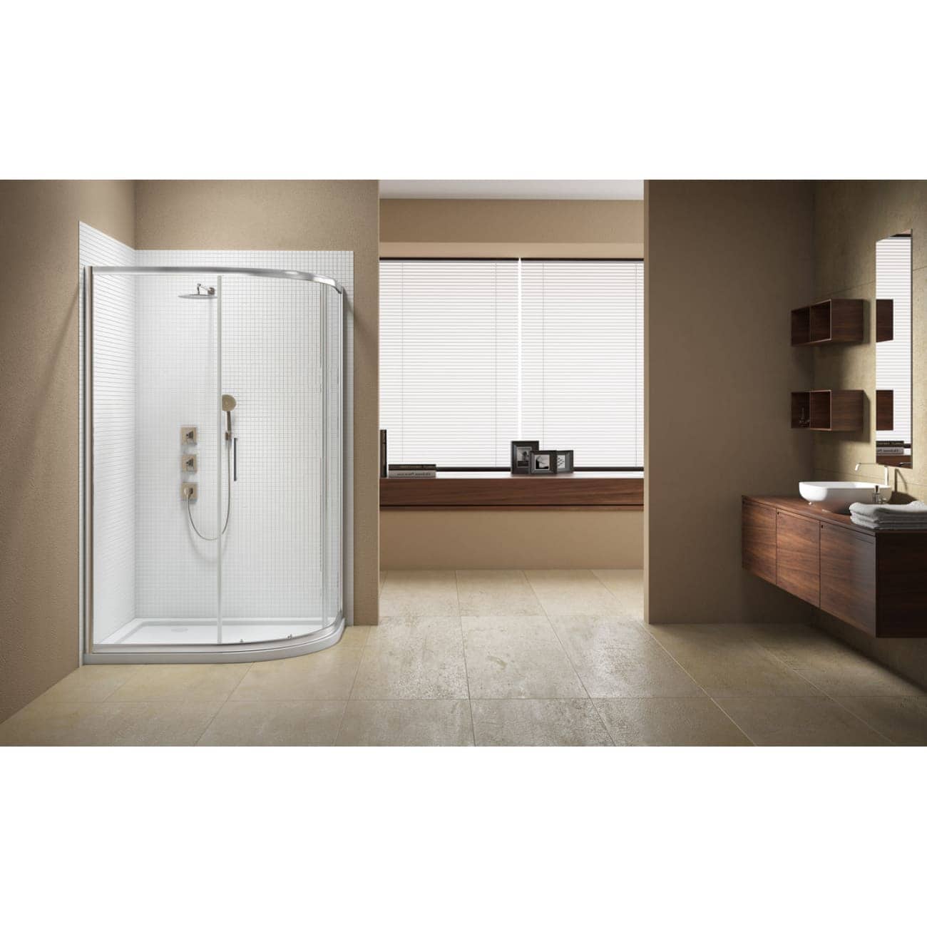 Sleek modern shower enclosure with glass doors in a contemporary bathroom setting. Features a built-in shower system, minimalistic design, and neutral colour palette for stylish bathroom interiors.