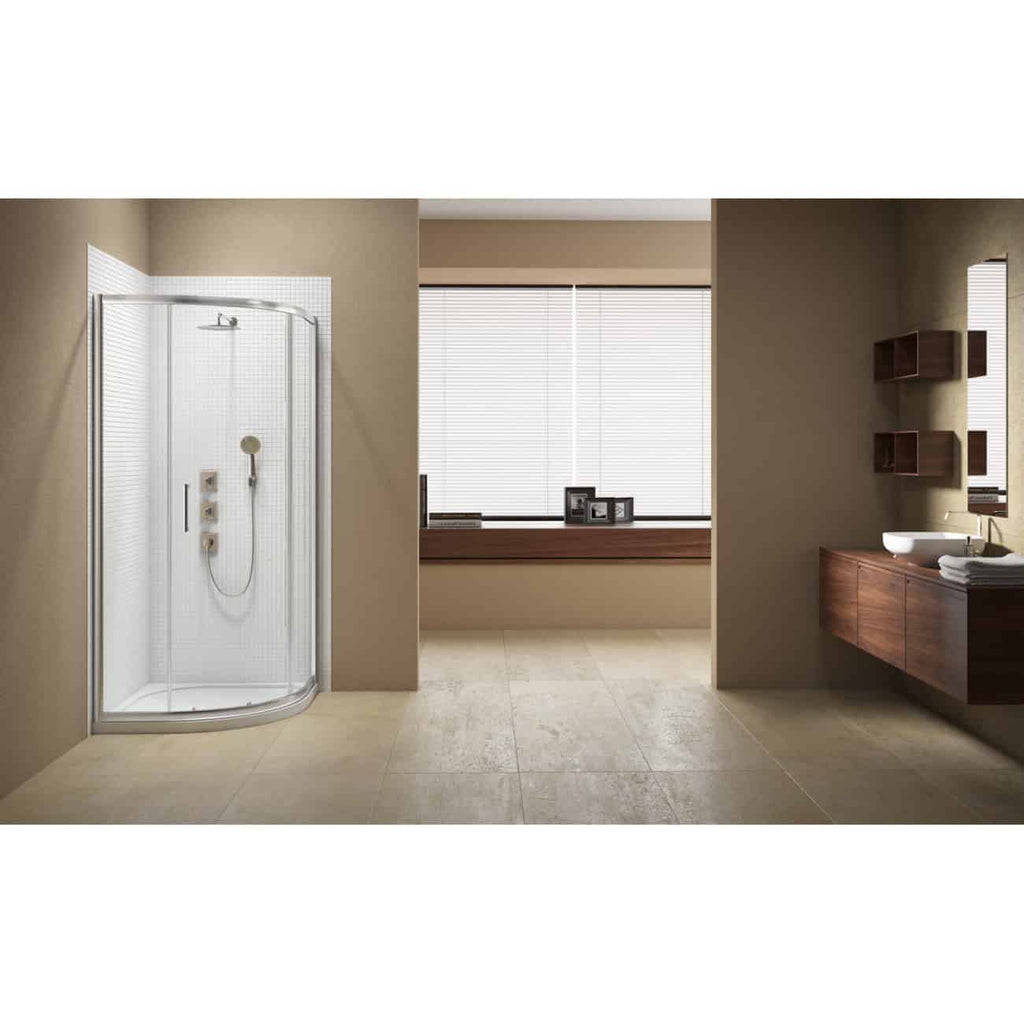 Contemporary bathroom with a stylish shower enclosure, wooden vanity units, and large window blinds, highlighting modern bathroom design and cabinetry.