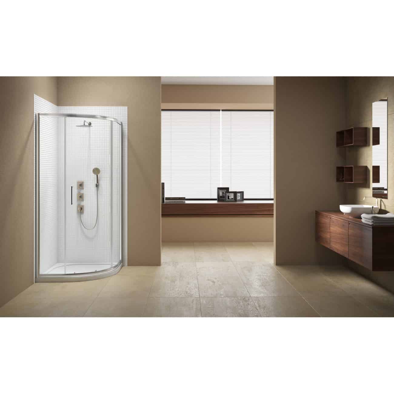 Contemporary bathroom with a stylish shower enclosure, wooden vanity units, and large window blinds, highlighting modern bathroom design and cabinetry.