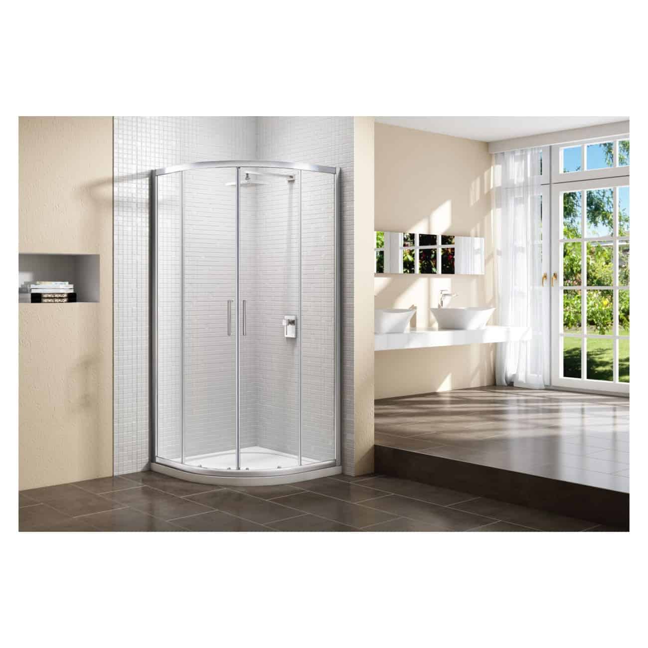 Modern corner shower enclosure with clear glass doors and stainless steel hardware in a contemporary bathroom setting.