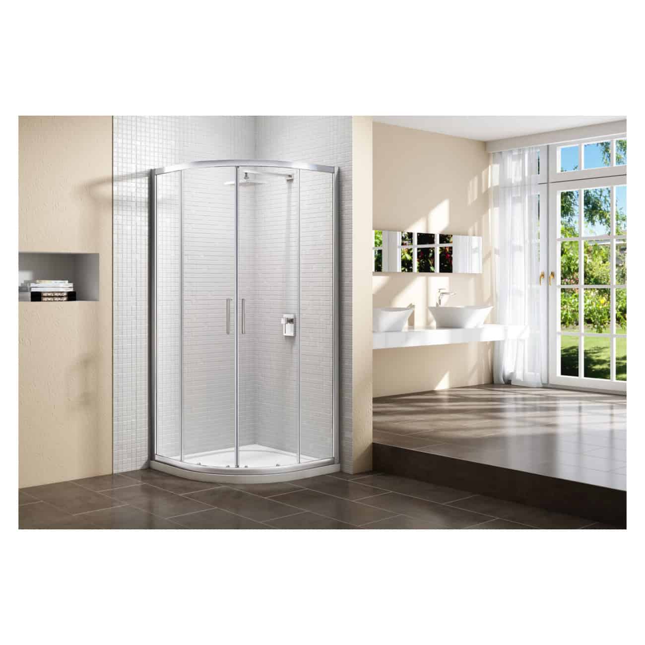 Polished corner shower enclosure with frameless glass doors in a modern bathroom setting, showcasing sleek design and functionality for contemporary bathroom renovations.