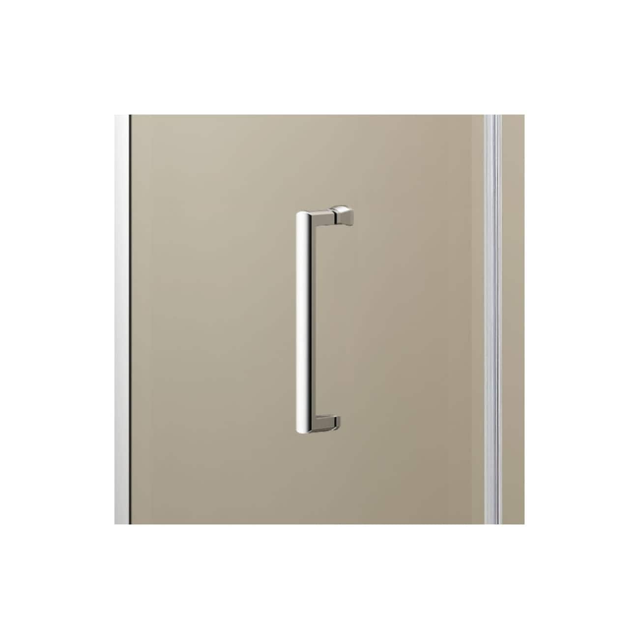 Sleek stainless steel bathroom door handle on beige shower enclosure, modern bathroom hardware, high-quality finish, and contemporary design for stylish bathroom interiors.