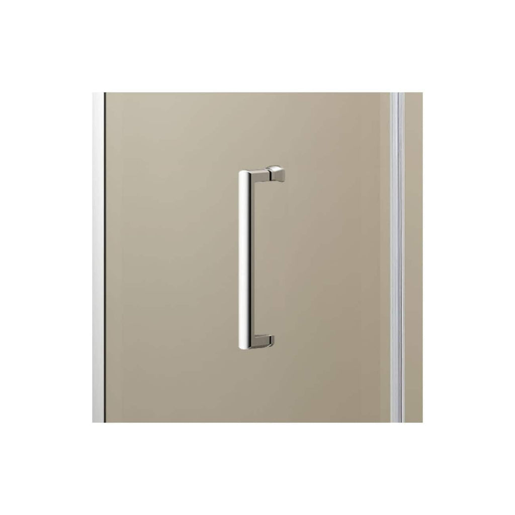 Sleek stainless steel bathroom door handle on beige shower enclosure, modern bathroom hardware, high-quality finish, and contemporary design for stylish bathroom interiors.