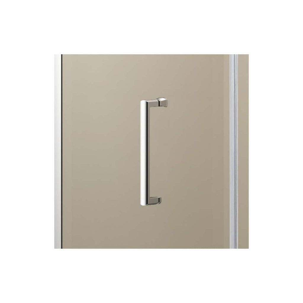 Robust stainless steel door handle on beige bathroom shower cabin, modern design, durable and easy to clean, ideal for commercial or home bathroom installations.