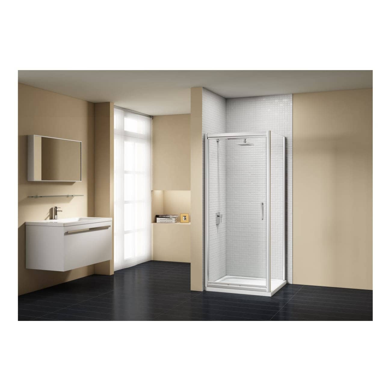 Modern beige bathroom with a sleek wall-mounted vanity, large mirror, and a spacious glass shower enclosure featuring chrome framing, creating a clean and contemporary bathroom interior.