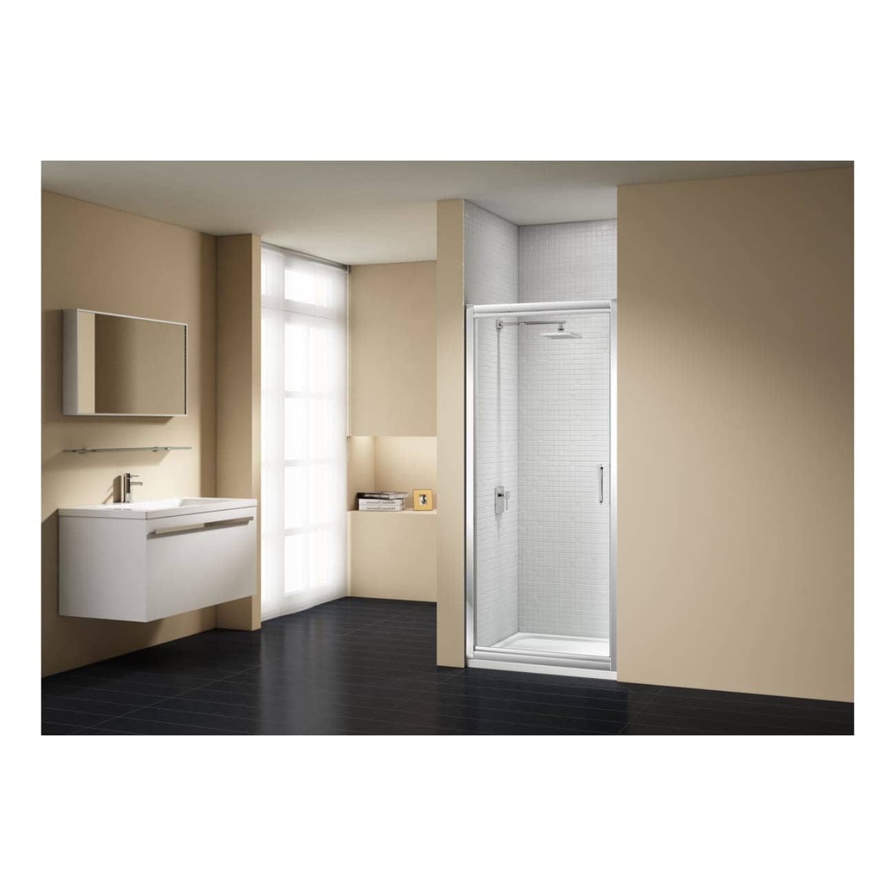 Modern minimalist bathroom with a sleek wall-mounted white vanity, a reflective mirror, and a glass shower enclosure featuring white tile walls, set against a neutral beige wall and dark wooden flooring.