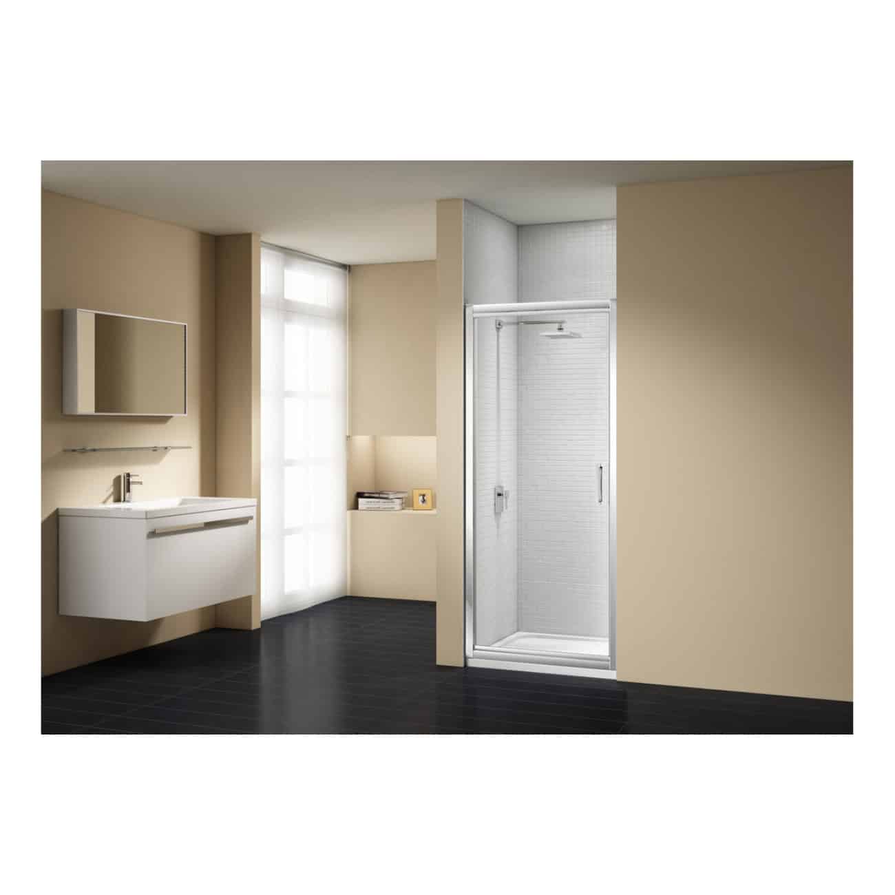 Modern bathroom with a sleek white vanity, wall-mounted mirror, and a glass-enclosed shower in a neutral beige colour scheme, featuring minimalist design and elegant fixtures.