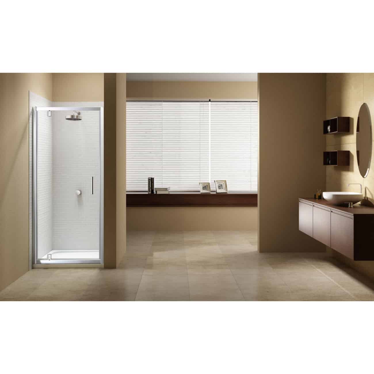 Modern beige and wood bathroom with walk-in shower, large window with blinds, floating vanity with vessel sink, decorative shelving, and framed photos, creating a sleek and functional space.