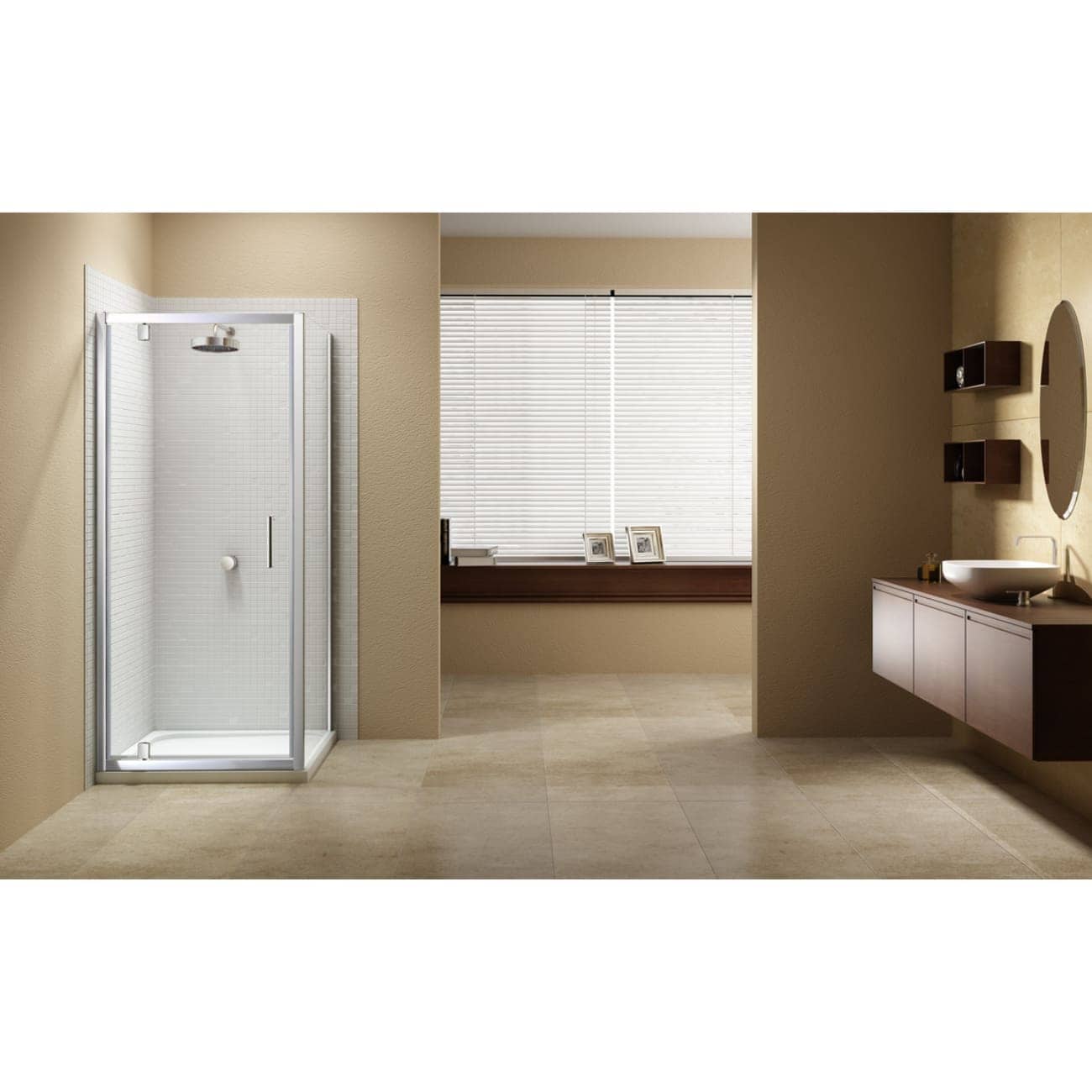 Modern bathroom with walk-in shower, beige walls, large window with blinds, and minimalist vanity with vessel sink and round mirror.