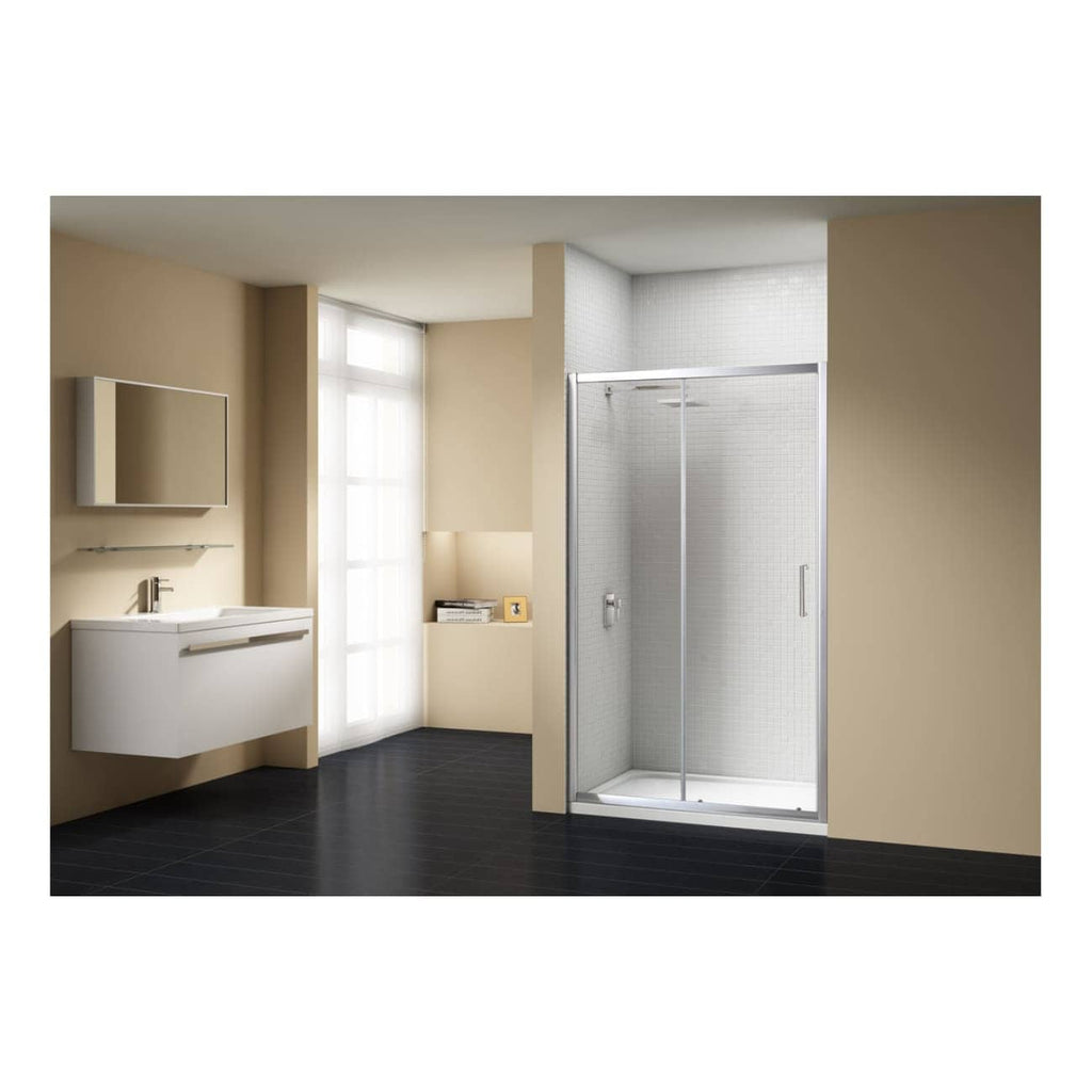 Modern bathroom with a sleek glass shower enclosure, minimalist white sink unit, and contemporary wall-mounted mirror, designed for style and functionality in a private home.