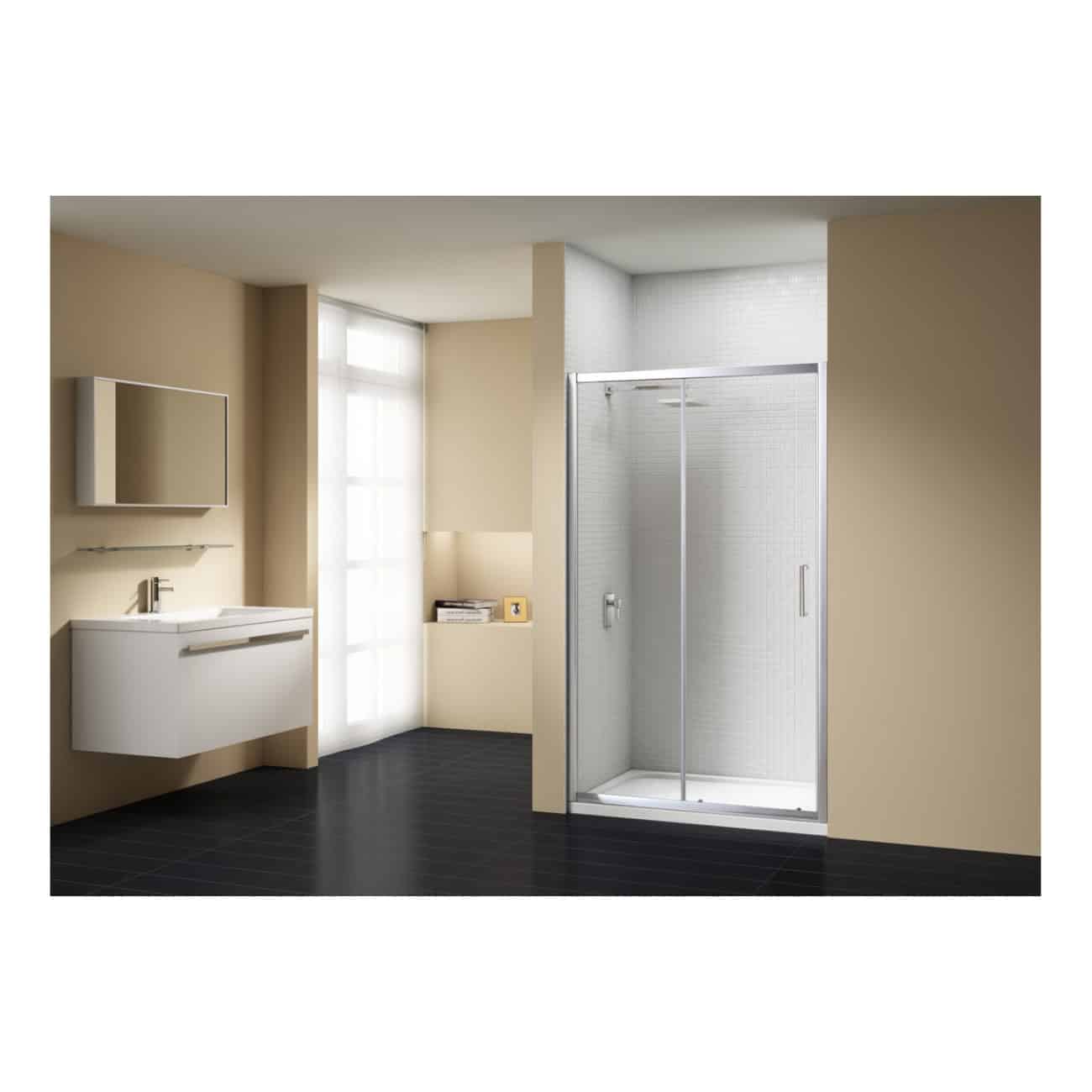 Modern bathroom with walk-in shower, floating vanity unit, wall-mounted mirror, and beige walls, ideal for contemporary bathroom furniture Robinsons style.