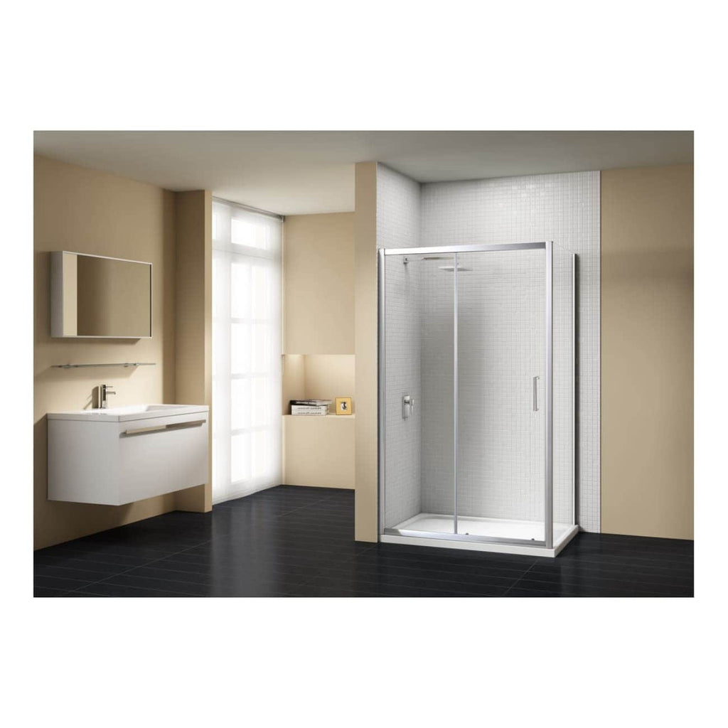 Modern walk-in shower with sleek glass doors in a contemporary bathroom design, featuring a minimalist white vanity with a wall-mounted mirror, beige walls, and dark wood flooring, ideal for stylish bathrooms.