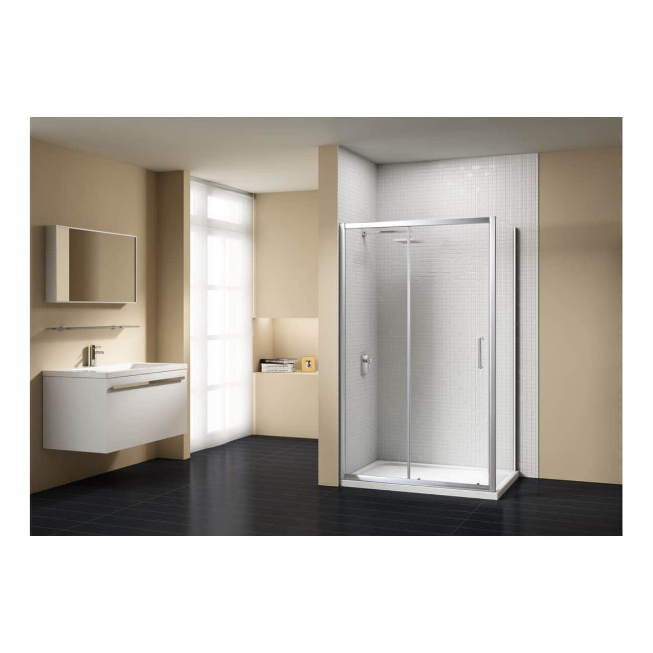Modern walk-in shower with sleek glass doors in a contemporary bathroom design, featuring a minimalist white vanity with a wall-mounted mirror, beige walls, and dark wood flooring, ideal for stylish bathrooms.