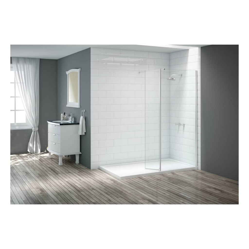 Bright modern bathroom featuring a sleek walk-in shower with clear glass enclosure, white tiled walls, and wooden flooring, complemented by a stylish white vanity unit with a black countertop.