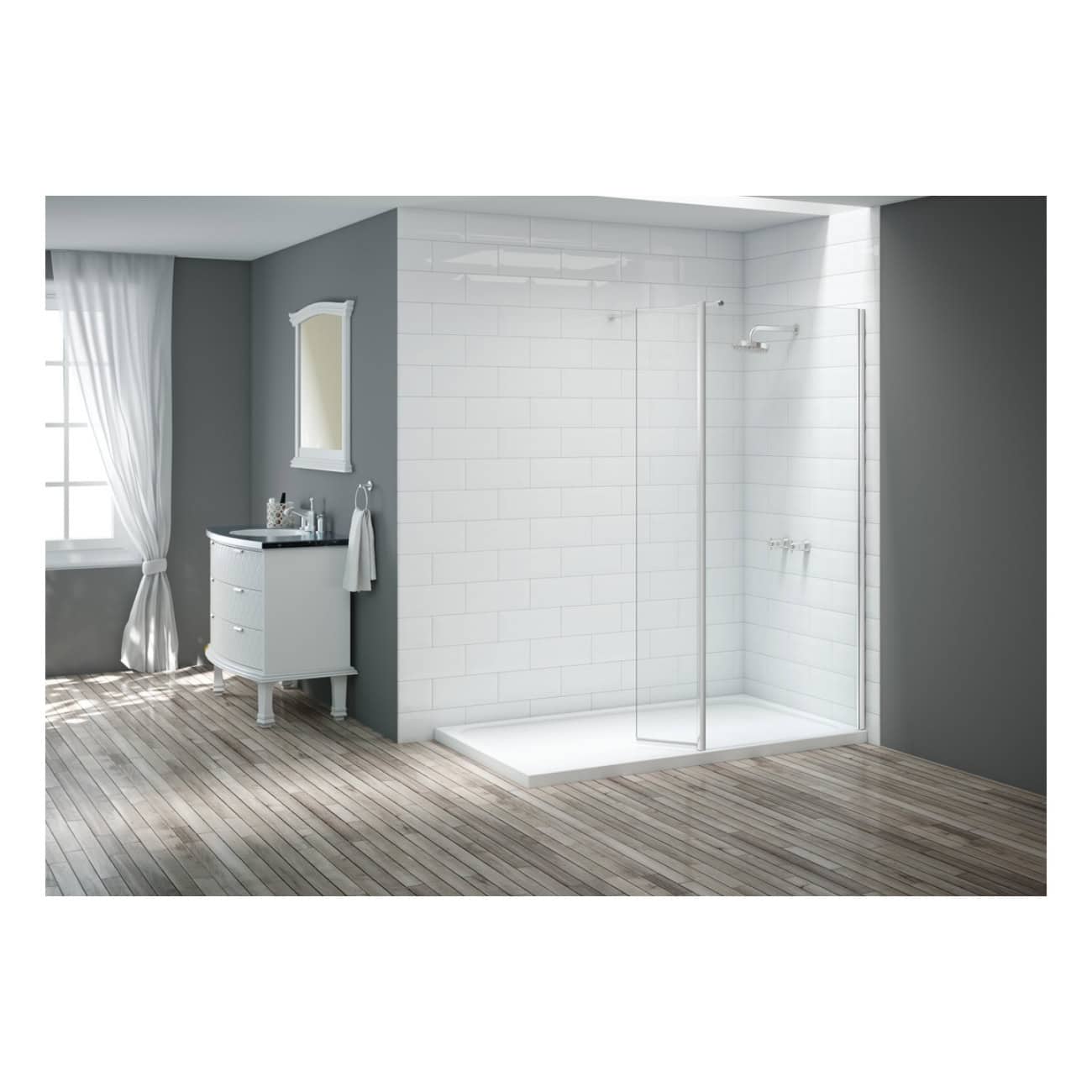 Bright modern bathroom featuring a sleek walk-in shower with clear glass enclosure, white tiled walls, and wooden flooring, complemented by a stylish white vanity unit with a black countertop.