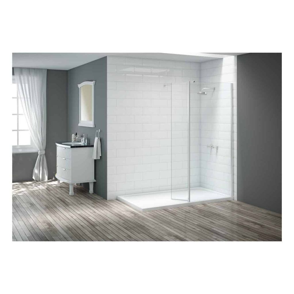 Sleek modern bathroom with a spacious shower enclosure, minimalist white tiles, grey walls, and contemporary vanity unit, perfect for stylish bathroom renovation and premium bathing experience.