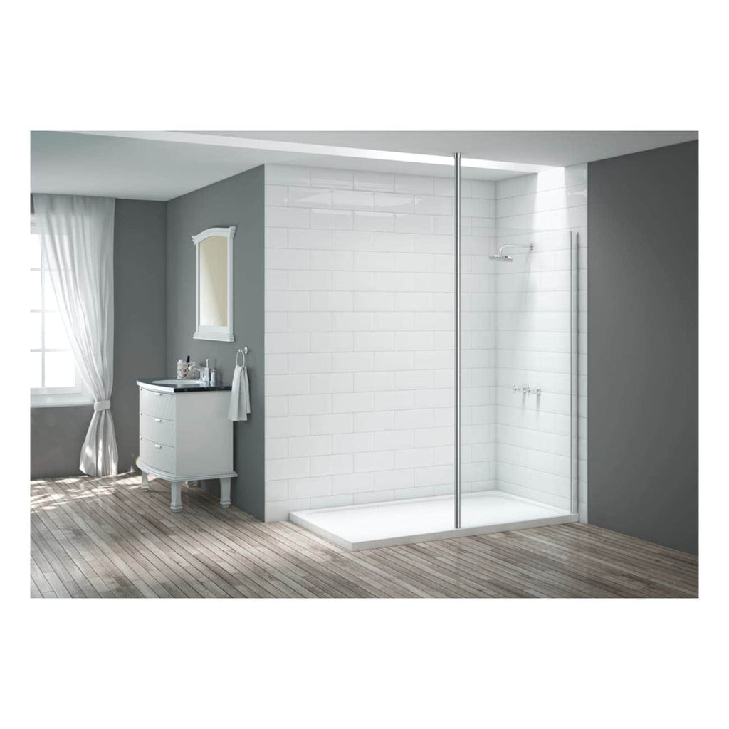 Modern walk-in shower with white subway tiles, glass door, and rainfall showerhead in contemporary grey bathroom with wooden flooring.